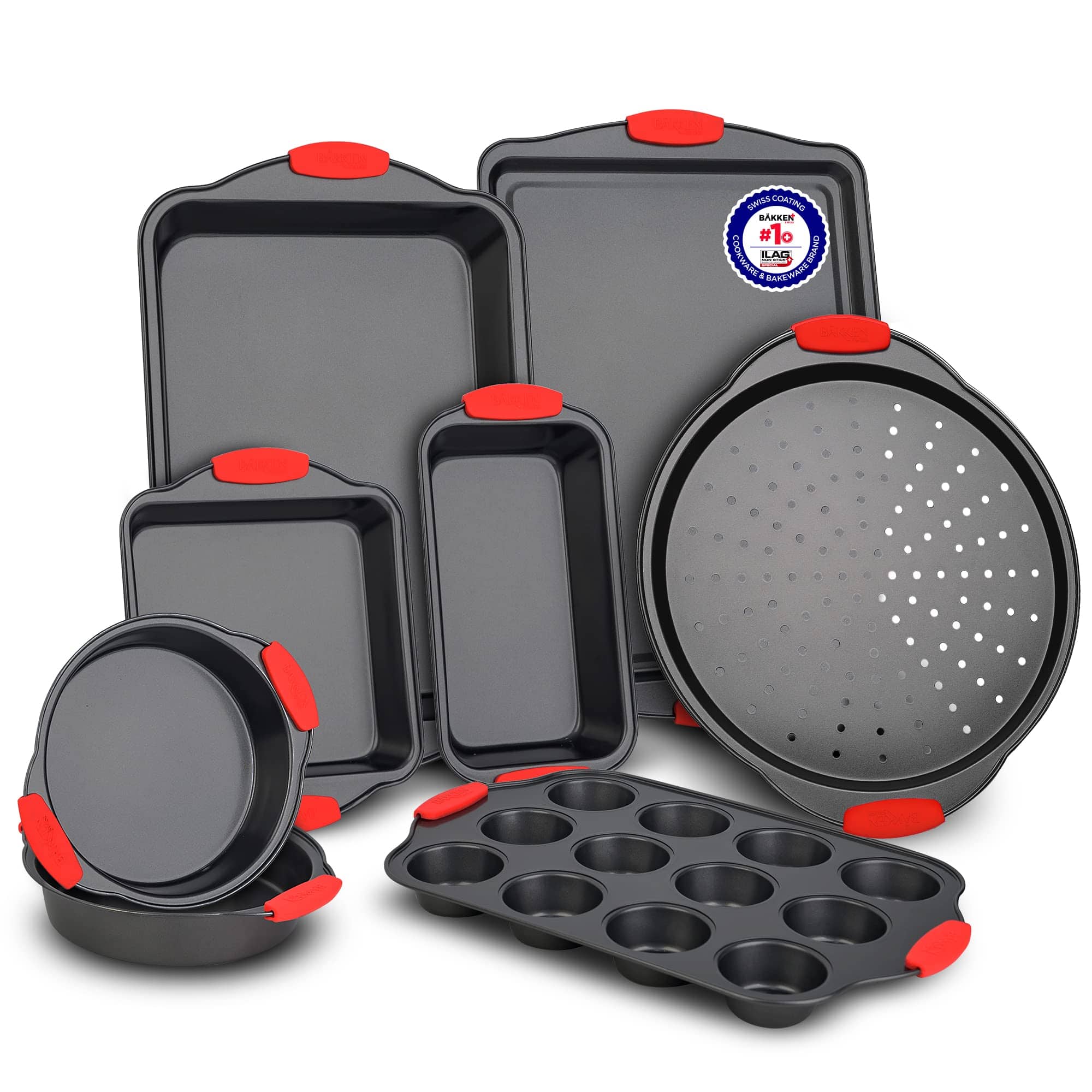Bakken- Swiss - Baking Set – 8 Piece Kitchen Oven Bakeware Set – Deluxe Non-Stick Coating Inside and Outside – Carbon Steel – Red - Black