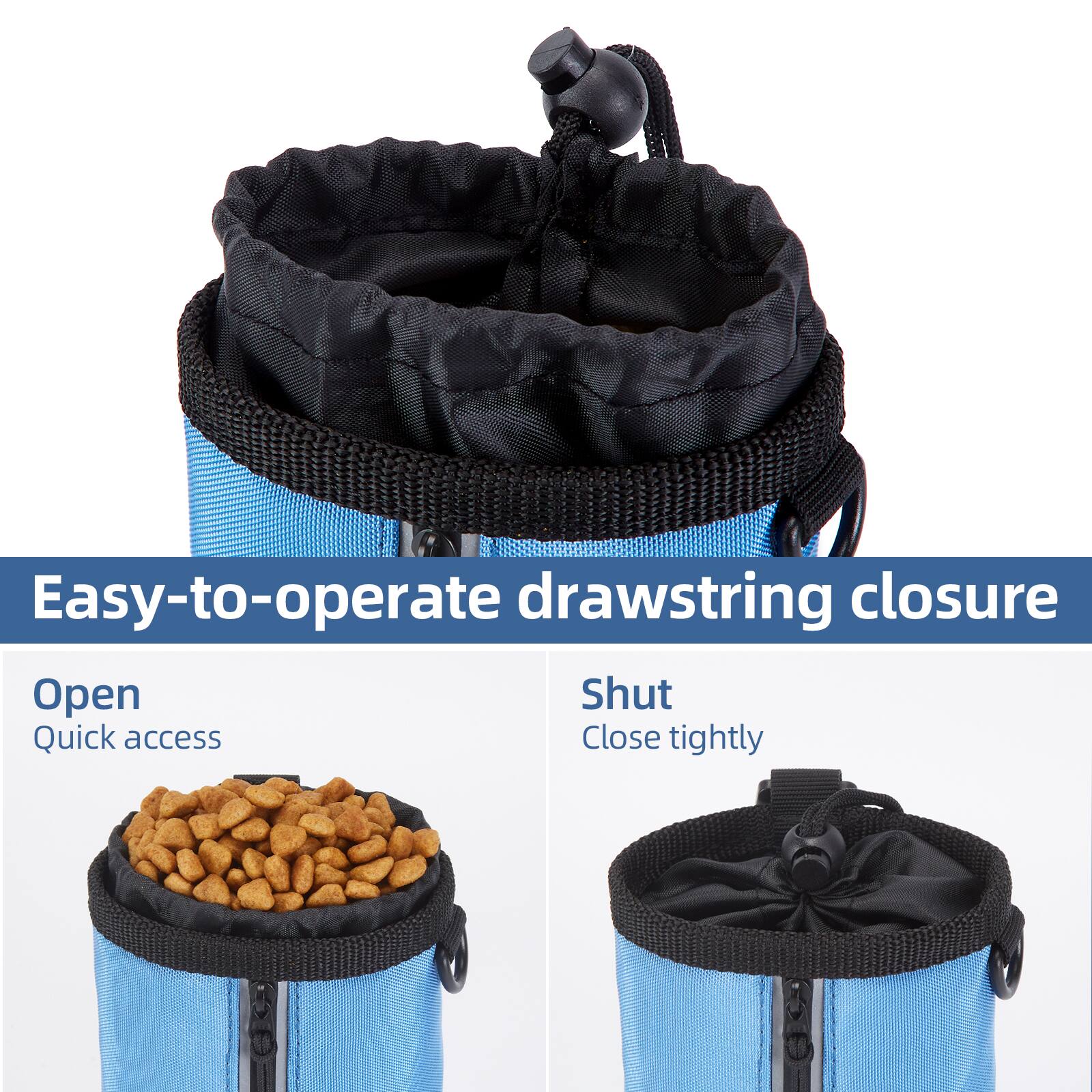 Easy-to-operate drawstring closure

Open  
Quick access

Shut  
Close tightly