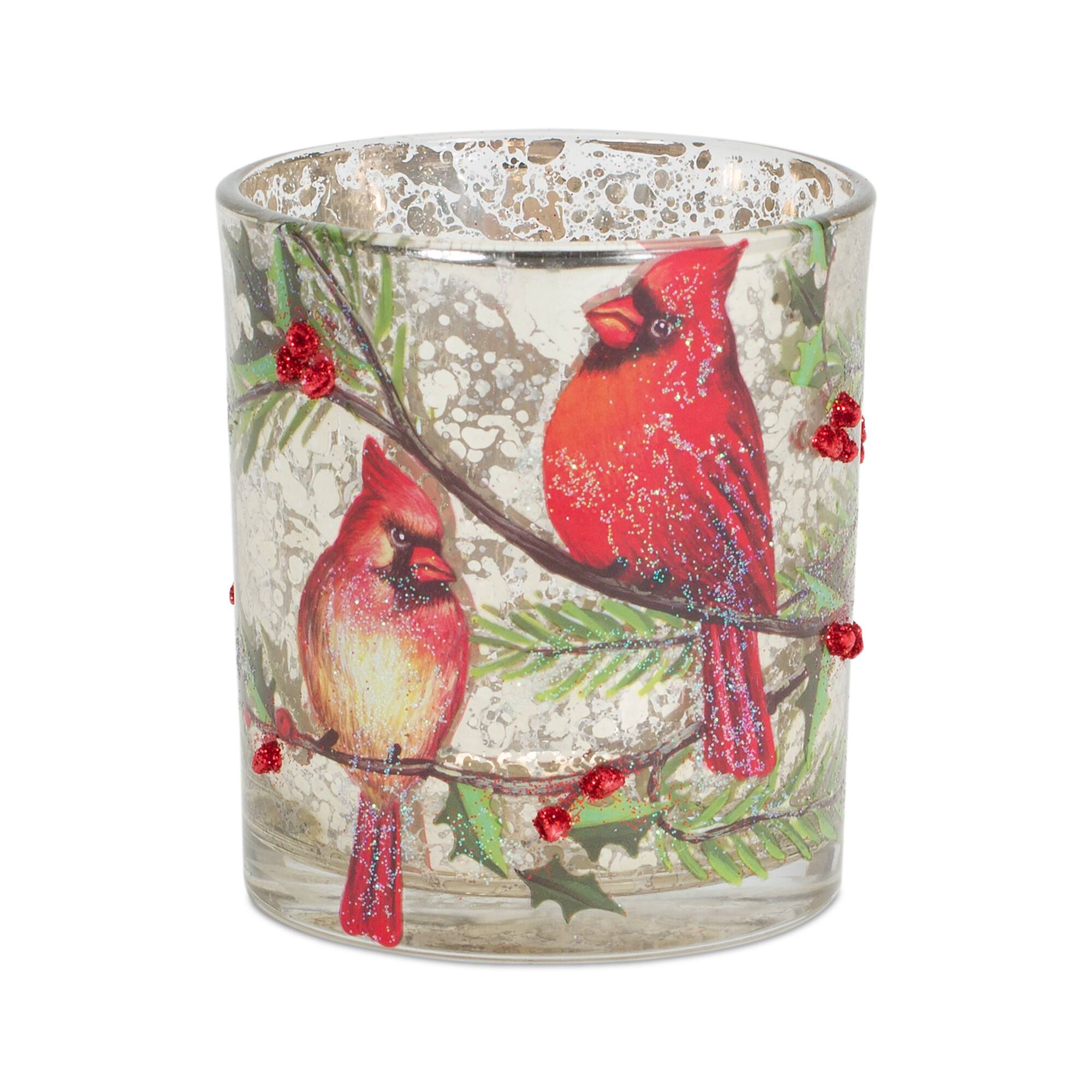 Back. BreeBe - Mercury Glass Votive Candle Holder with Bird and Berry Branch (Set of 6) - Red, Gold.