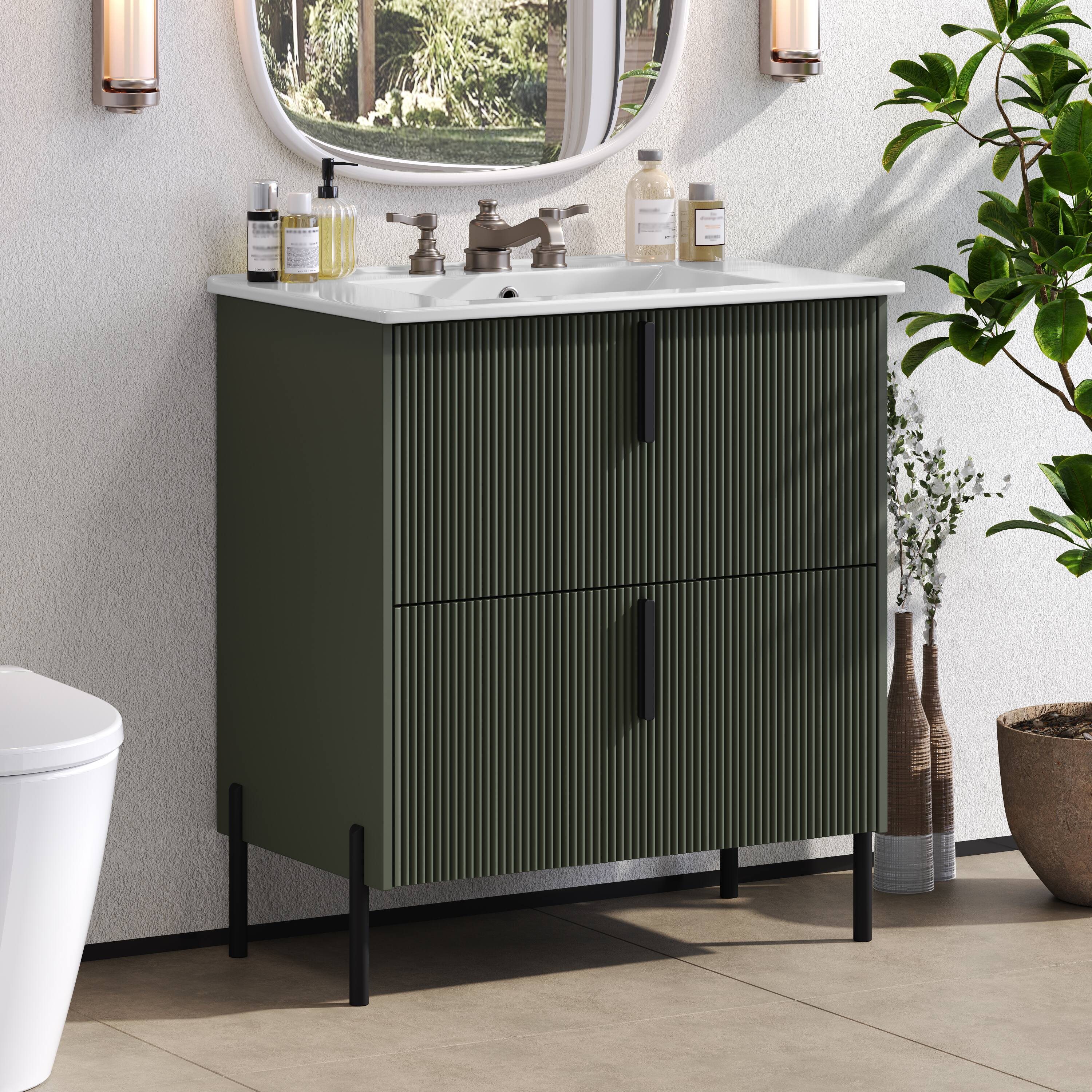 Left. Loheer - 2.5 ft Bathroom Vanity with Ceramic Sink and Full Extension Drawers - Green.