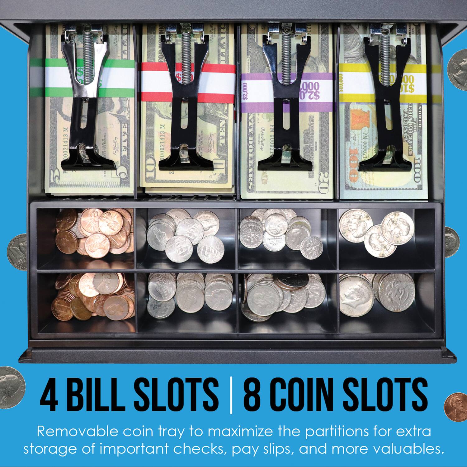 M 0021413 S :  000021413 $ 12 : LLAR TN $2,000 $2 TYDOLLARS ! I T 20000 Q00 0 $2, BS I 20 COO'OTs e0 000021 00 $1 TEIIEN NDRED XU EPA CE 10 4 BILL SLOTS | 8 COIN SLOTS Removable coin tray to maximize the partitions for extra storage of important checks, pay slips, and more valuables.
