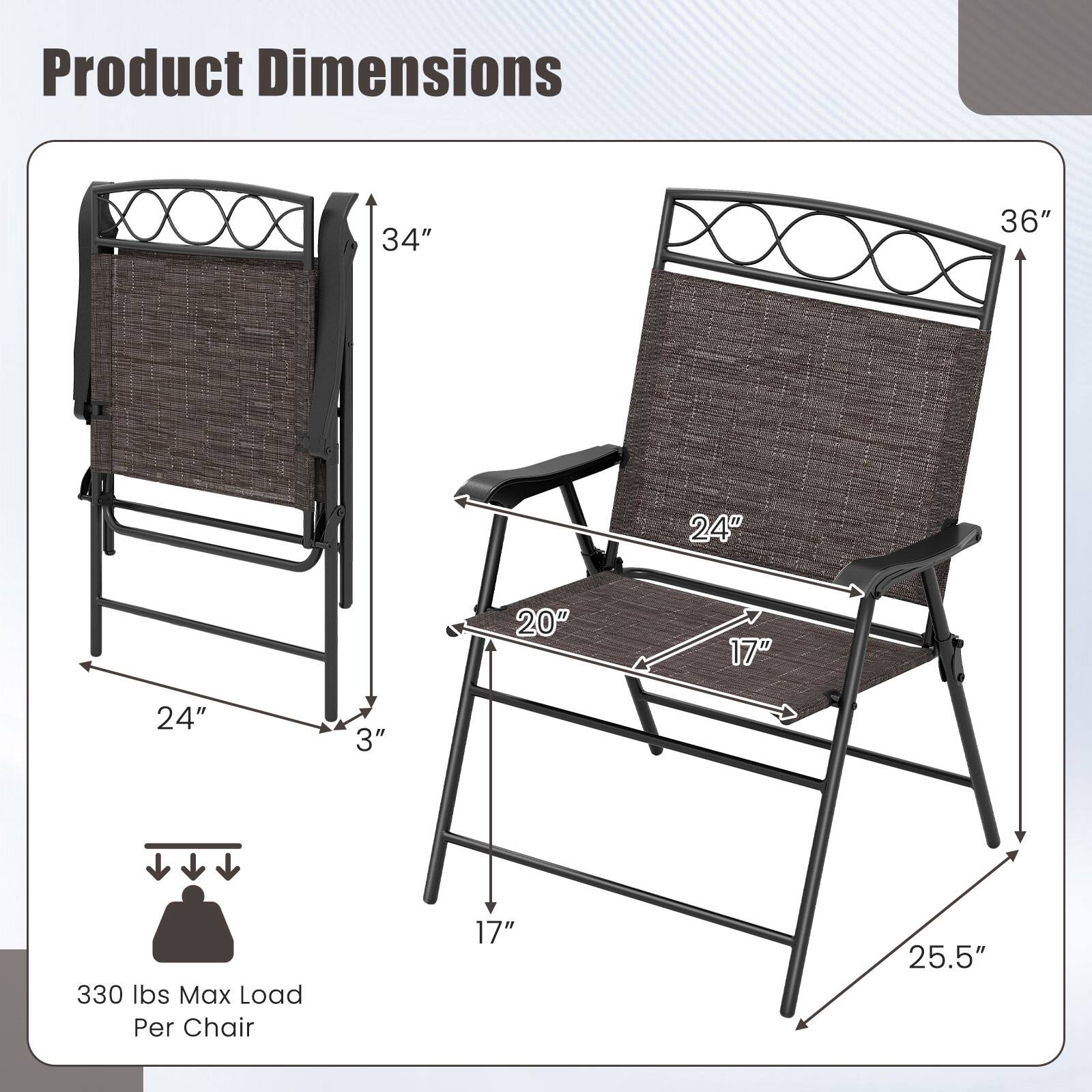 Product Dimensions

- Height: 34"
- Width: 36"
- Depth: 24"
- Seat Height: 17"
- Seat Width: 24"
- Seat Depth: 20"
- Armrest Height: 24"
- Base Width: 25.5"
- Base Depth: 17"
- Leg Height: 3"

330 lbs Max Load Per Chair