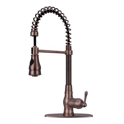 Front. Akicon - Akicon Pre-Rinse Spring Solid Brass Single Handle Kitchen Faucet with Pull Down Sprayer in Antique Brass - Antique Brass.