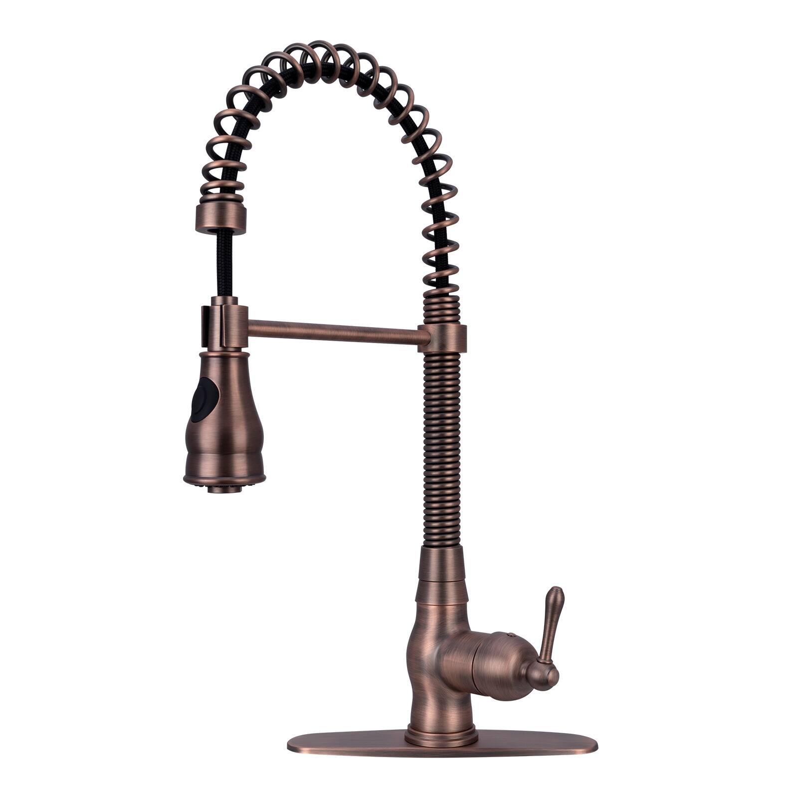 Front. Akicon - Akicon Pre-Rinse Spring Solid Brass Single Handle Kitchen Faucet with Pull Down Sprayer in Antique Brass - Antique Brass.