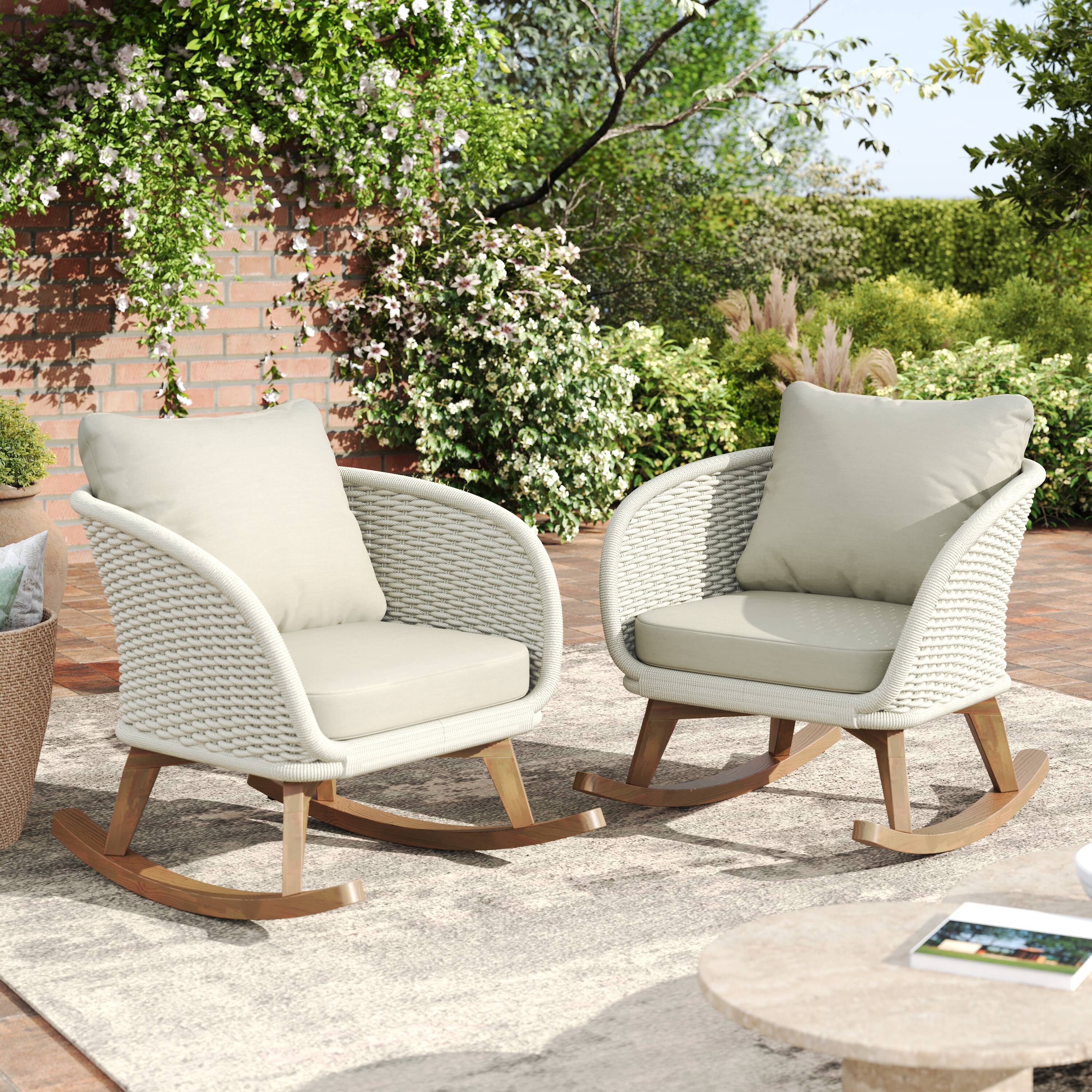 Front. Tiramisubest - [Set of 2] Minimalist Wicker Rocking Chair with Cushions and Wooden Frame for Indoor and Outdoor Spaces,Beige - Beige+Natural.