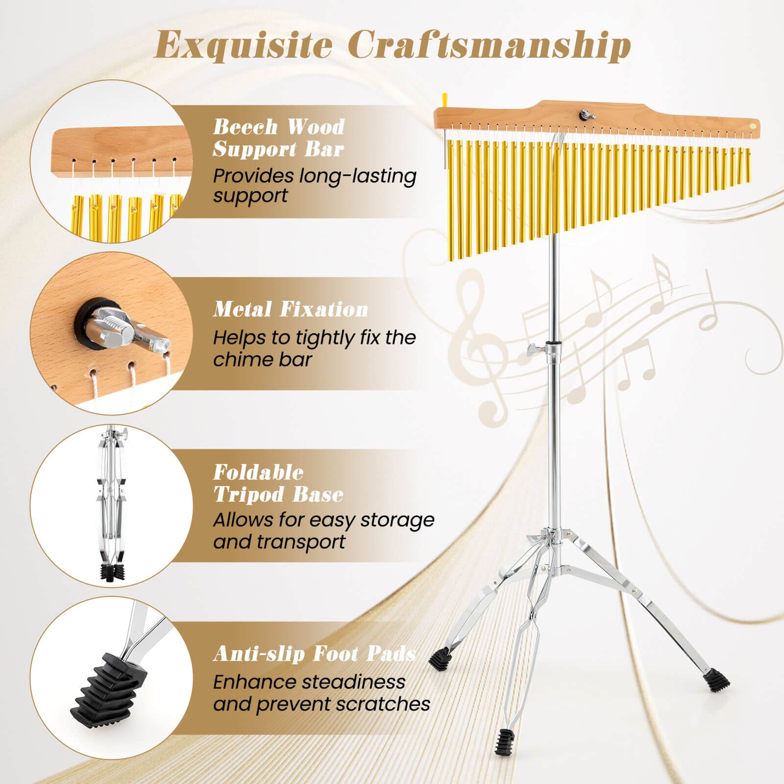 Exquisite Craftsmanship

- Beech Wood Support Bar
  Provides long-lasting support

- Metal Fixation
  Helps to tightly fix the chime bar

- Foldable Tripod Base
  Allows for easy storage and transport

- Anti-slip Foot Pads
  Enhance steadiness and prevent scratches