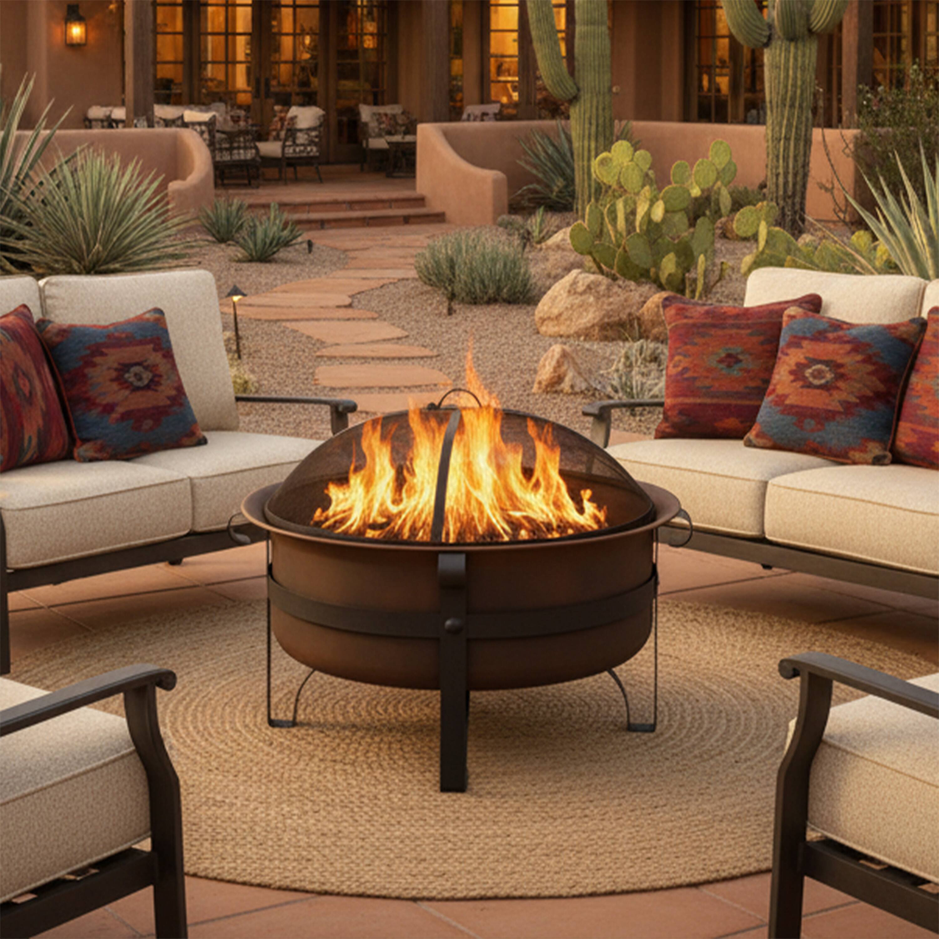 Alt View 9. Sunnydaze - 29 in Cauldron Style Steel Fire Pit with Spark Screen - Bronze.