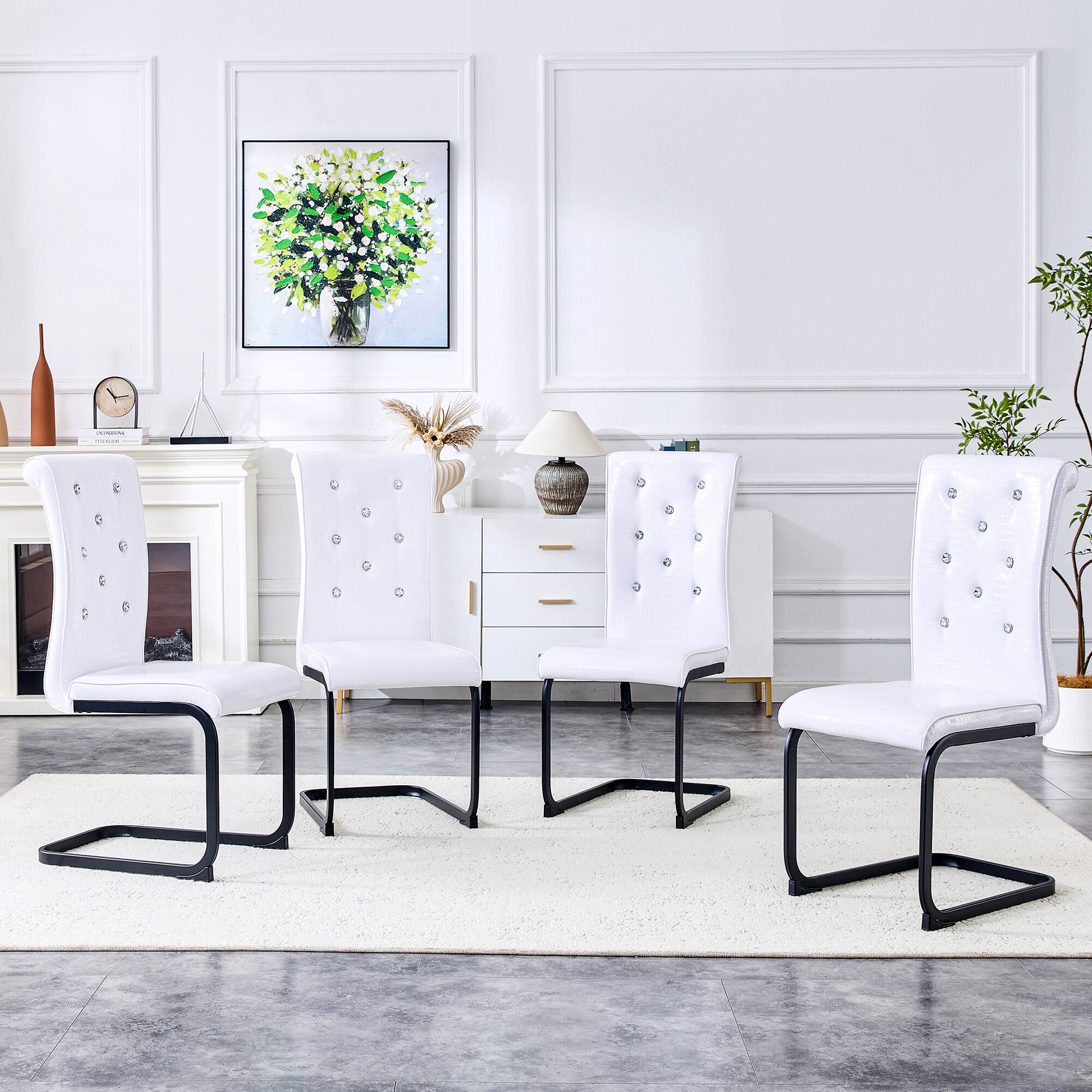 Angle. Loheer - Set of 4 Retro Faux Leather Dining Chairs 22.4x16.4x39.6 in Metal Bow Leg Cantilever - White.