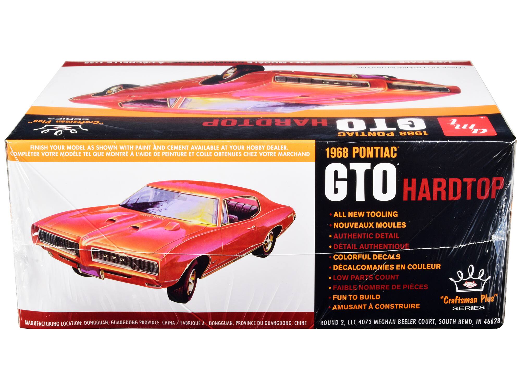 Sure, here is the corrected and grouped text from the image:

---

**1968 PONTIAC GTO HARDTOP**

- **ALL NEW TOOLING**
- **NOUVEAUX MOULES**
- **AUTHENTIC DETAIL**
- **DÉTAIL AUTHENTIQUE**
- **COLORFUL DECALS**
- **DÉCALCOMANIES EN COULEUR**
- **LOW PARTS COUNT**
- **FAIBLE NOMBRE DE PIÈCES**
- **FUN TO BUILD**
- **AMUSANT À CONSTRUIRE**

**FINISH YOUR MODEL AS SHOWN WITH PAINT AND CEMENT AVAILABLE AT YOUR HOBBY DEALER.**
**COMPLÉTER VOTRE MODÈLE TEL QUE MONTRÉ À L'AIDE DE PEINTURE ET COLLE OBTENUES CHEZ VOTRE MARCHAND**

**MANUFACTURING LOCATION: DONGGUAN, GUANGDONG PROVINCE, CHINA**
**FABRIQUÉ À: DONGGUAN, PROVINCE DU GUANGDONG, CHINE**

**ROUND 2, LLC, 4073 MEGHAN BEELER COURT, SOUTH BEND, IN 