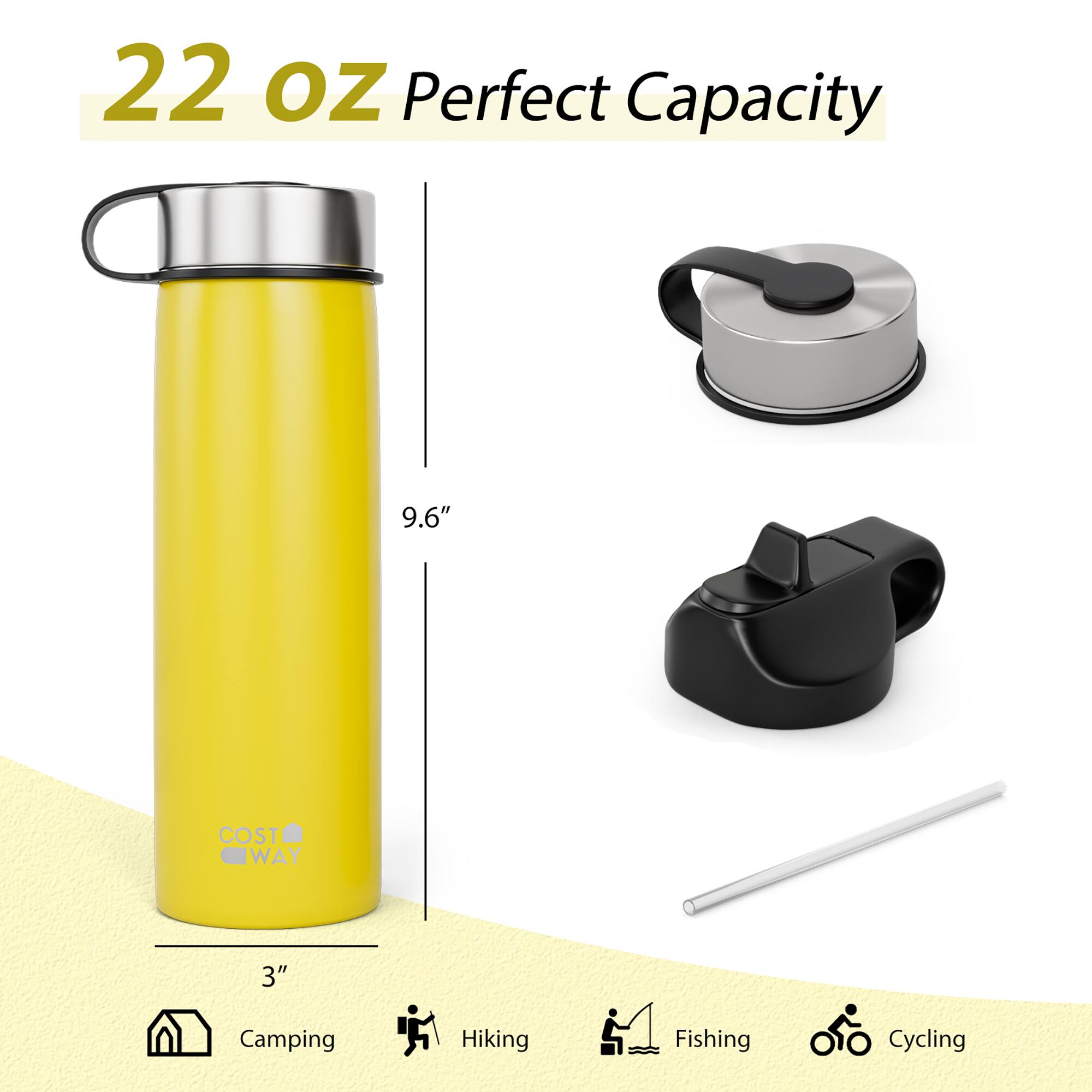 22 oz Perfect Capacity  
9.6"  
3"  
Camping  
Hiking  
Fishing  
Cycling