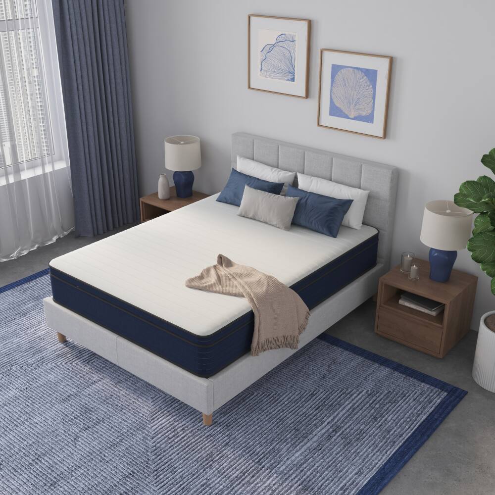 Back. PDTEND - 10-Inch Medium Firm Queen Hybrid Mattress - Cooling Gel Memory Foam & Pocket Spring - White+Blue.