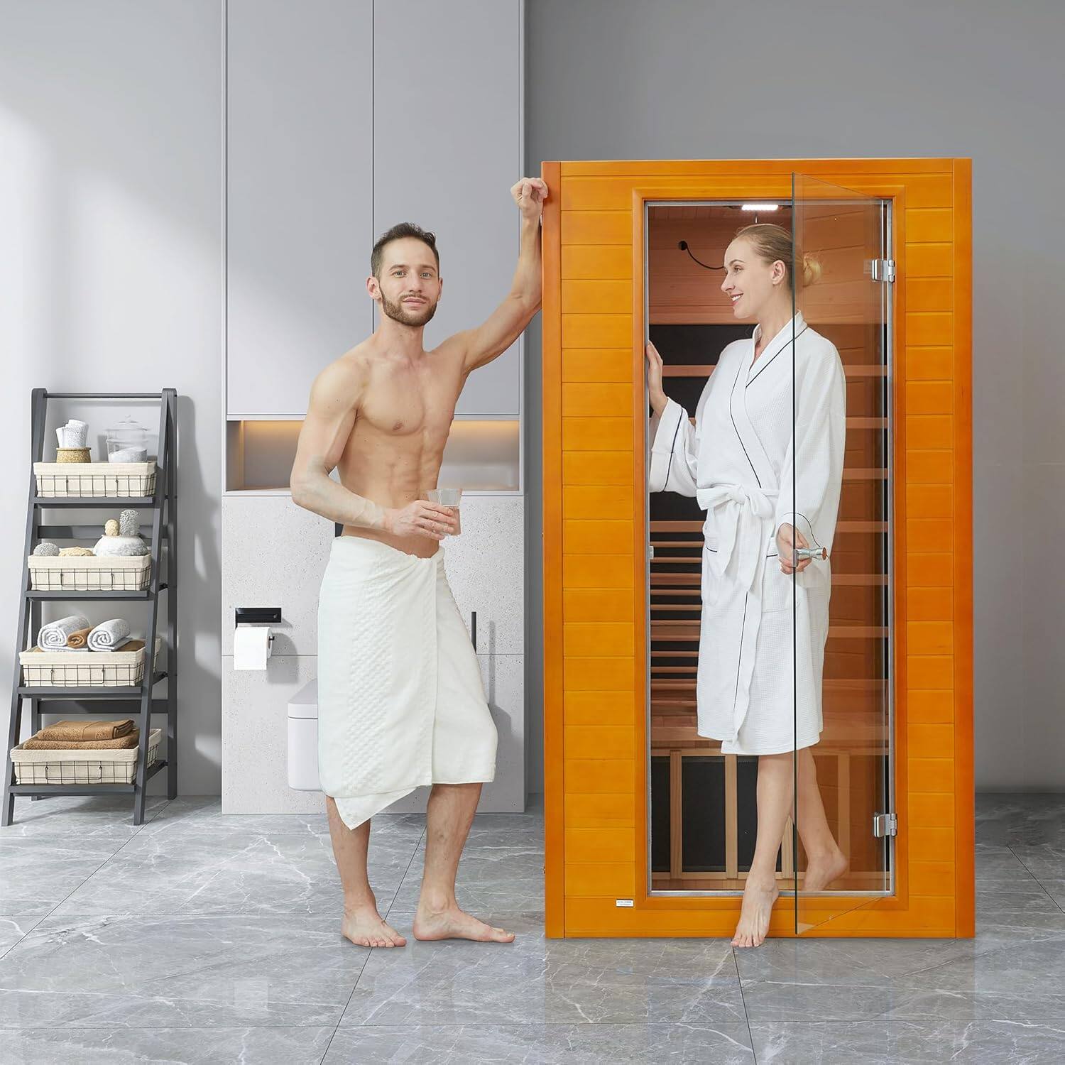 Alt View 7. Essen Blissed - 1-2 Persons Infrared Hemlock Wooden Sauna for Home,Low Emf Red Light Therapy, 9-Color Chromotherapy Lights - Natural.