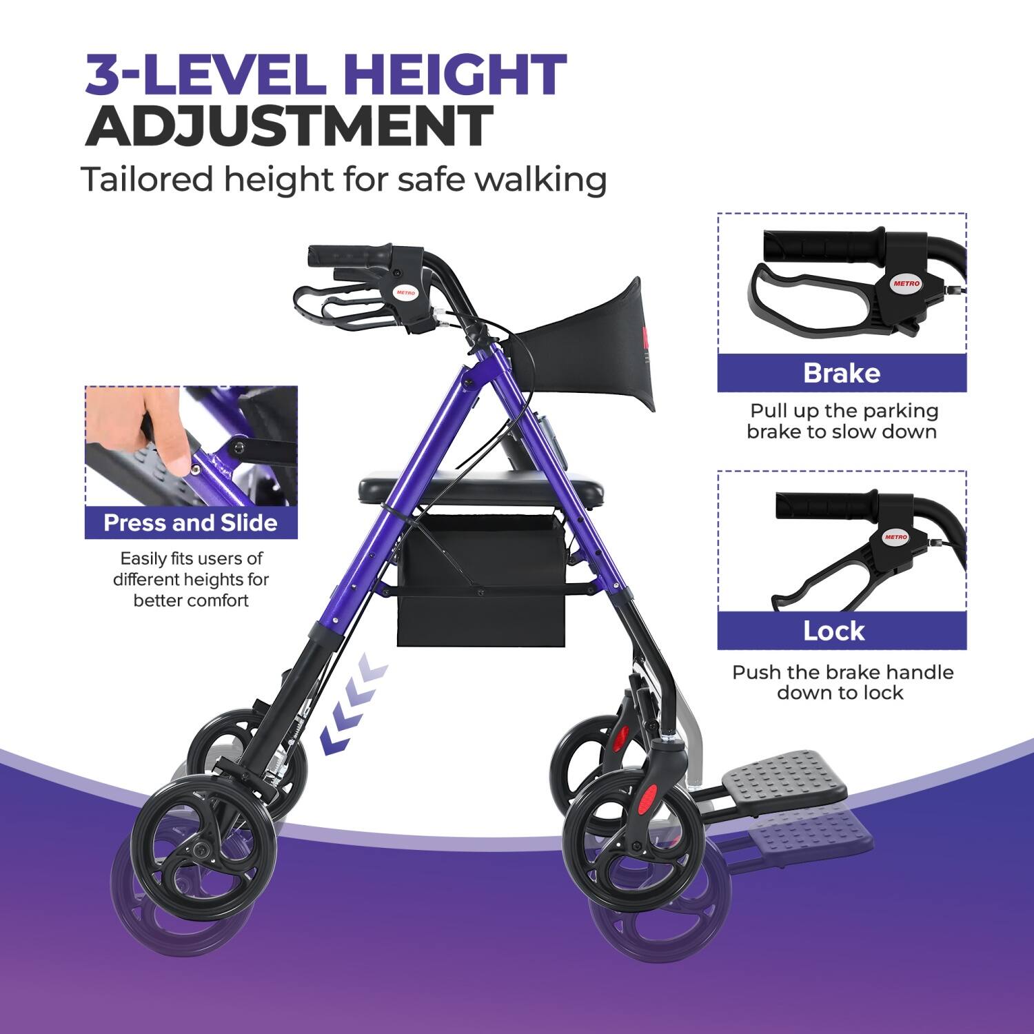 3-LEVEL HEIGHT ADJUSTMENT  
Tailored height for safe walking  

Press and Slide  
Easily fits users of different heights for better comfort  

Brake  
Pull up the parking brake to slow down  

Lock  
Push the brake handle down to lock
