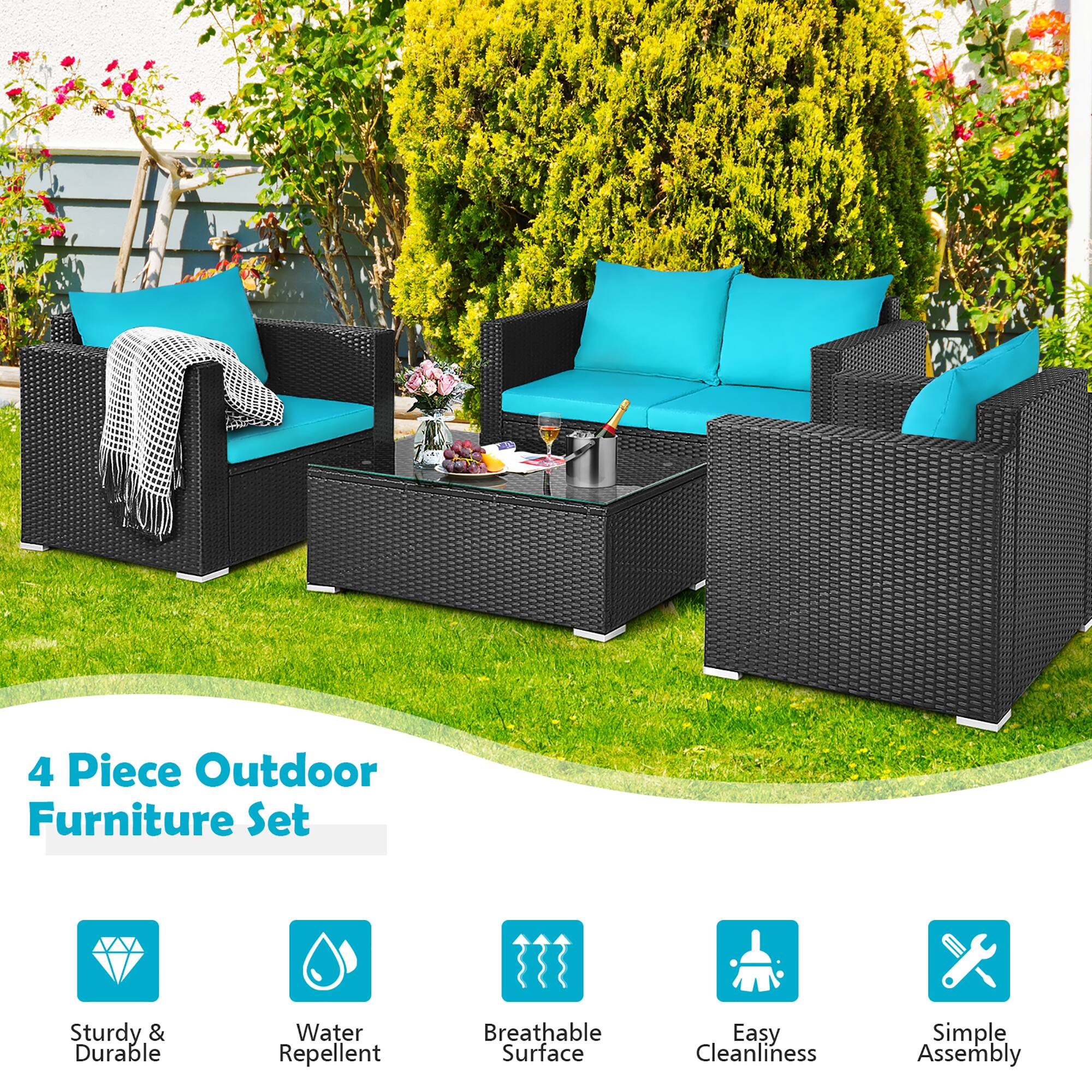 4 Piece Outdoor Furniture Set

- Sturdy & Durable
- Water Repellent
- Breathable Surface
- Easy Cleanliness
- Simple Assembly