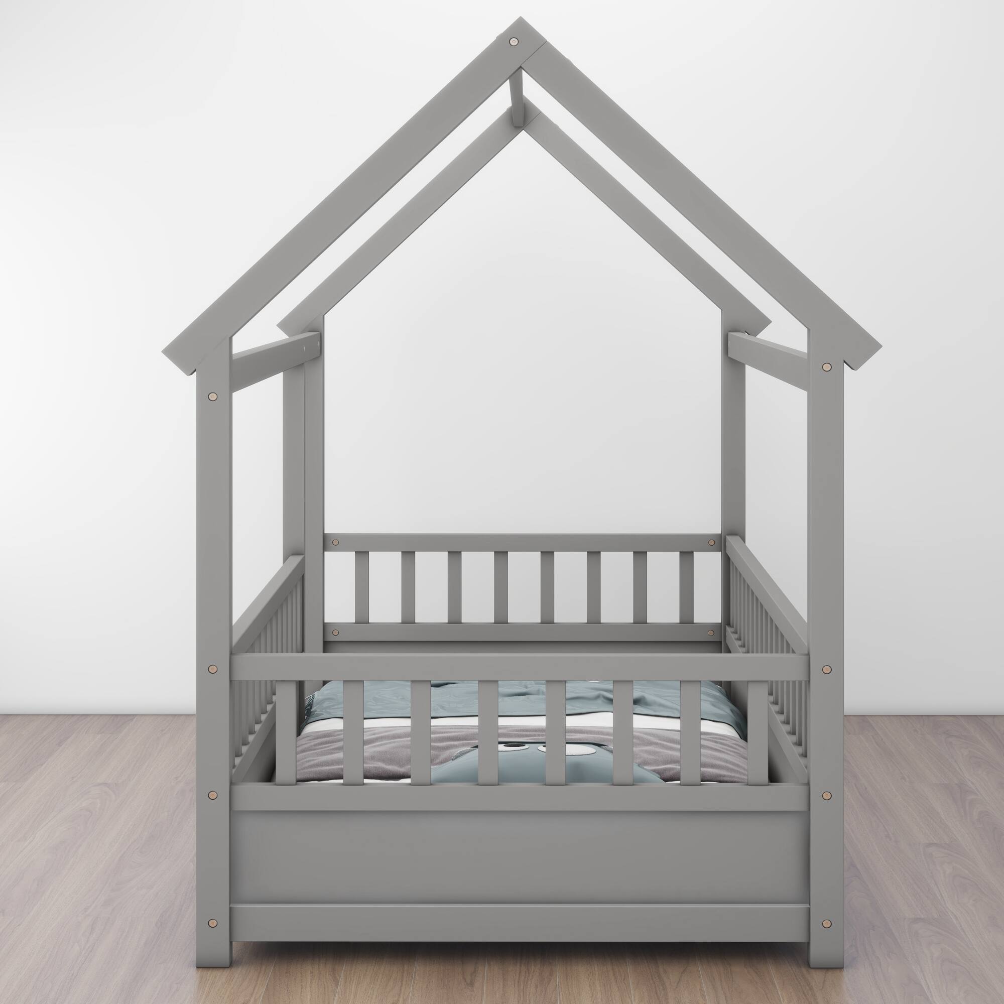 Back. GOODSILO - Twin Size Floor Bed with Playhouse Roof Design and Safety Guardrails for Children's Bedroom - Grey.