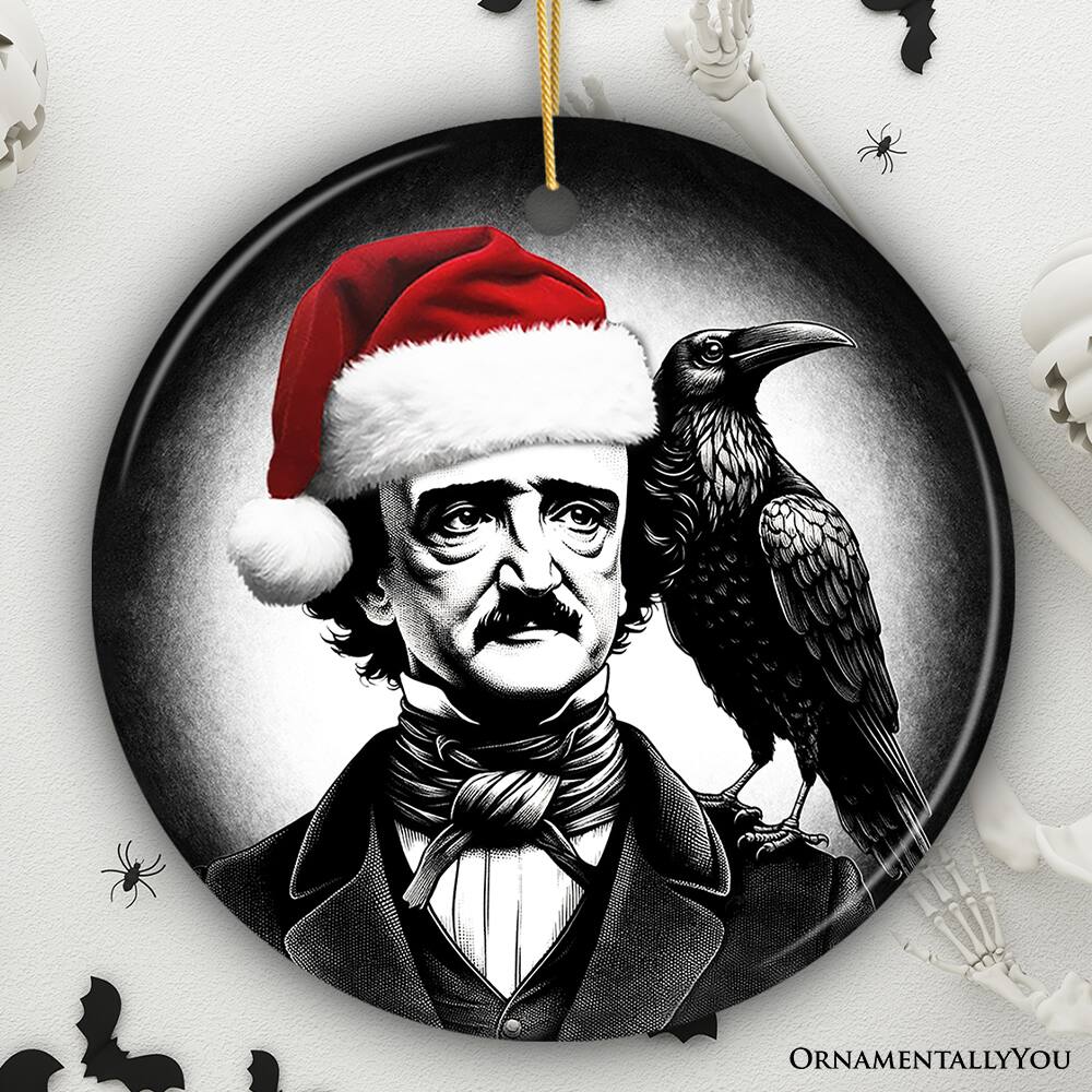 Back. OrnamentallyYou - Gothic Edgar Allan Poe with Santa Hat And Raven Ornament Halloween Tree Christmas Dcor Circle - Multi-colored.