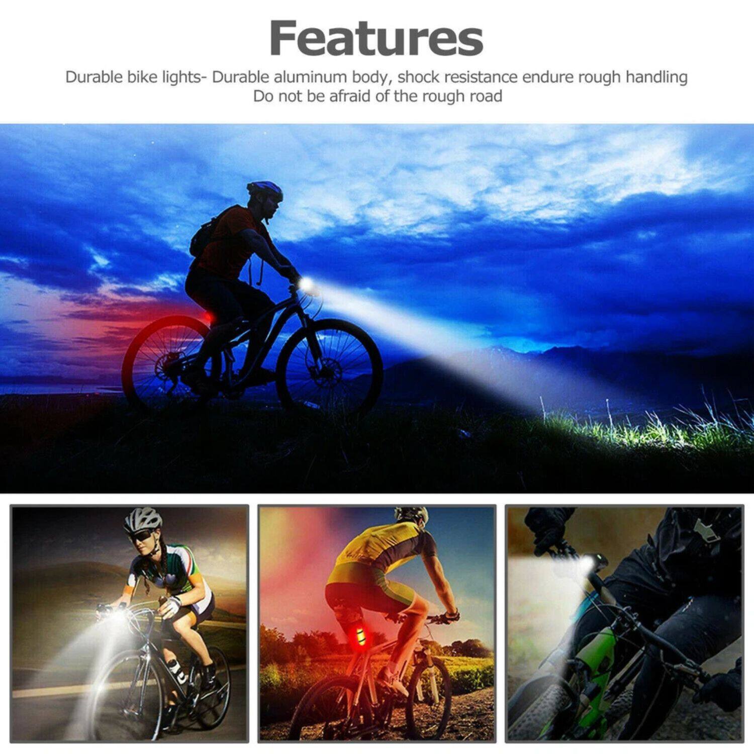 Features

Durable bike lights - Durable aluminum body, shock resistance endure rough handling  
Do not be afraid of the rough road