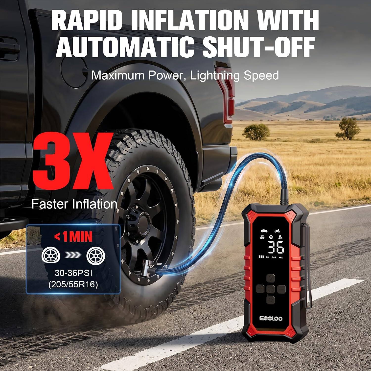 RAPID INFLATION WITH AUTOMATIC SHUT-OFF  
Maximum Power, Lightning Speed  
3X Faster Inflation  
<1 MIN  
30-36 PSI (205/55R16)  
GEOLOO