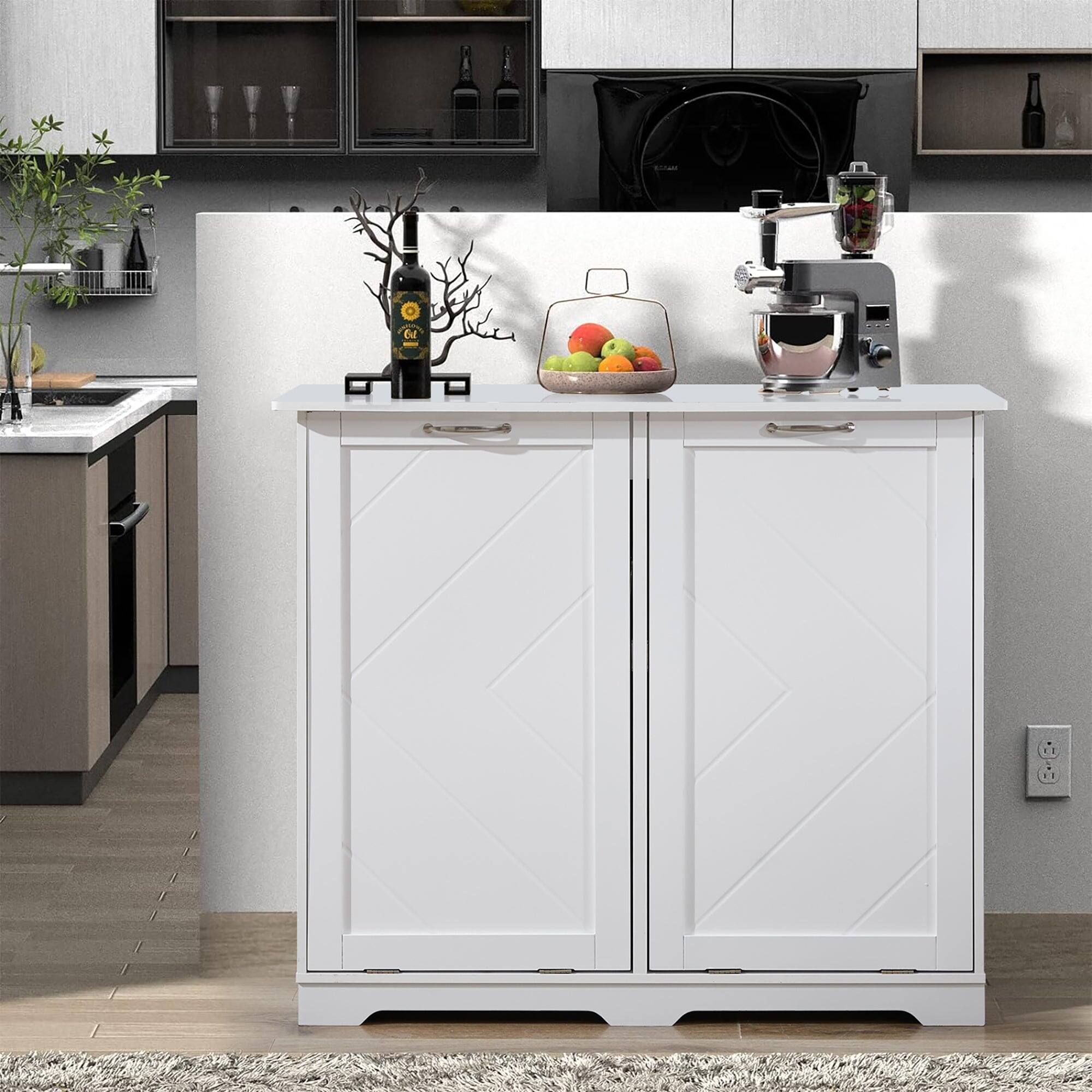 Alt View 3. Vecelo - Double Bin Trash Cabinet with Deodorizer - White Pull-Out Kitchen Waste Bin Storage, MDF Wood Concealed Garbage Can - White.