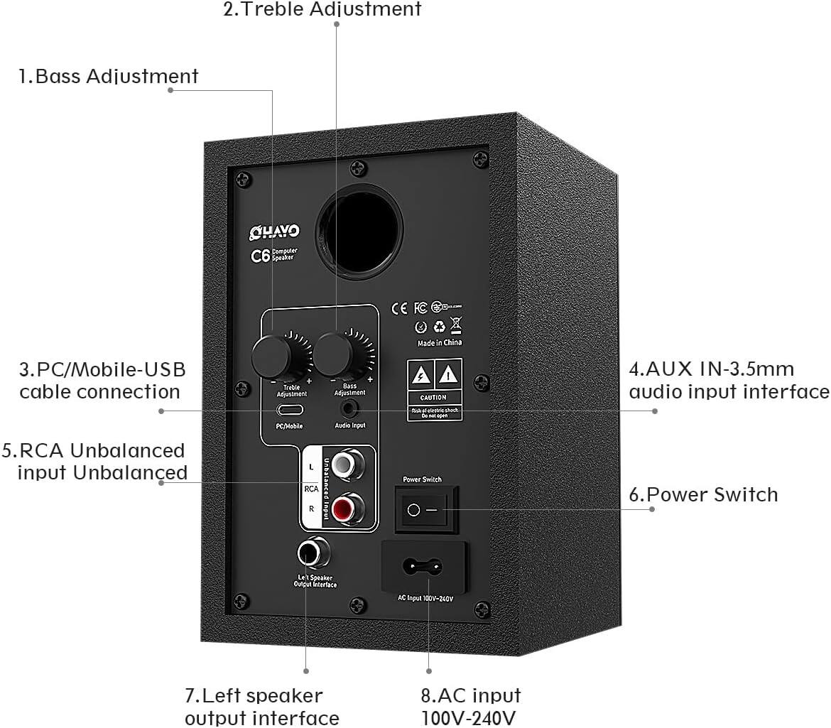 1. Bass Adjustment  
2. Treble Adjustment  
3. PC/Mobile-USB cable connection  
4. AUX IN-3.5mm audio input interface  
5. RCA Unbalanced input Unbalanced  
6. Power Switch  
7. Left speaker output interface  
8. AC input 100V-240V  

CHAYO Computer C6 Speaker  
Made in China  

CAUTION  
Safeguard Kada de...