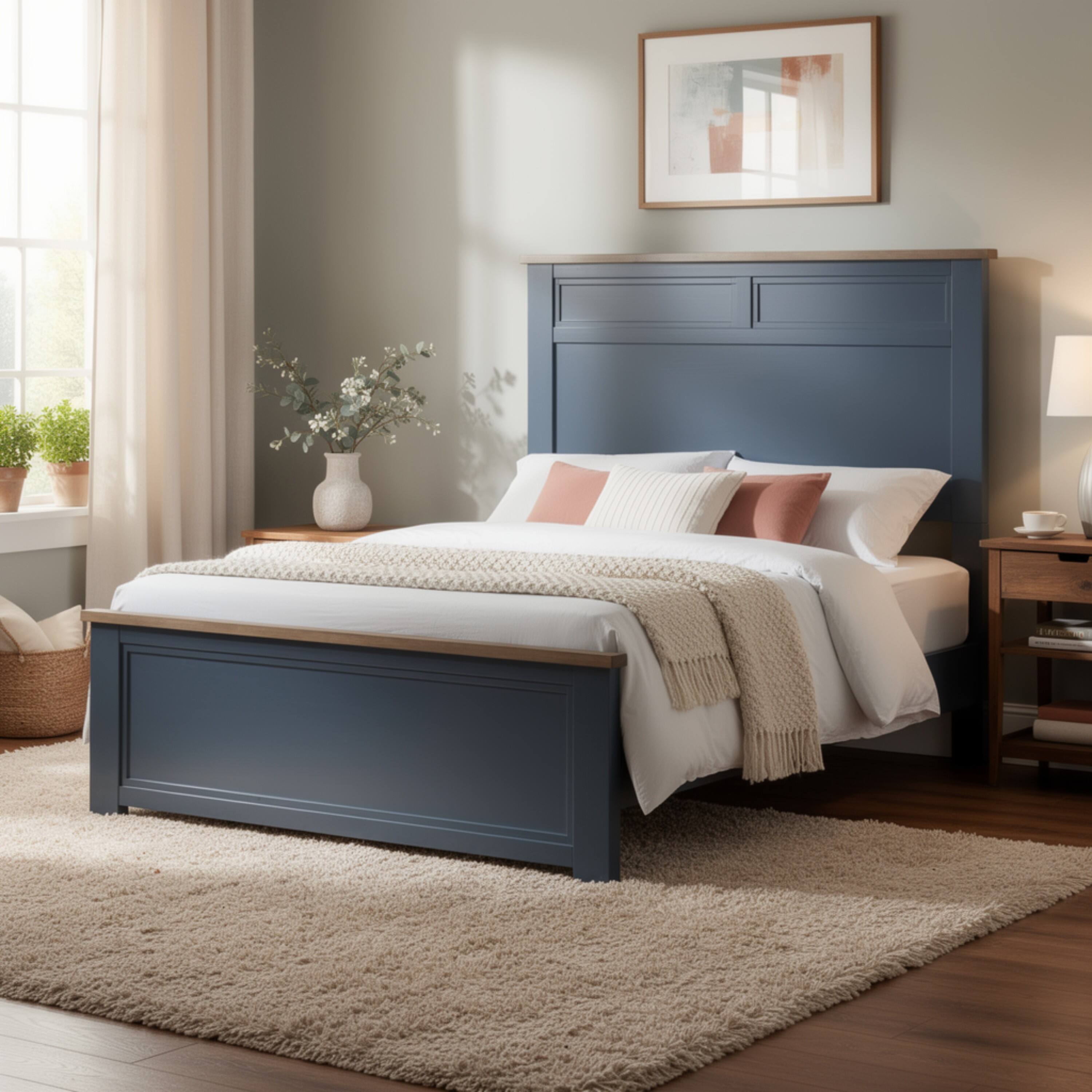 Alt View 5. Manhattan Lane - Tela Twin Size Bed w Recessed Panel Headboard, Dark Brown Trim - Blue, Dark Brown.