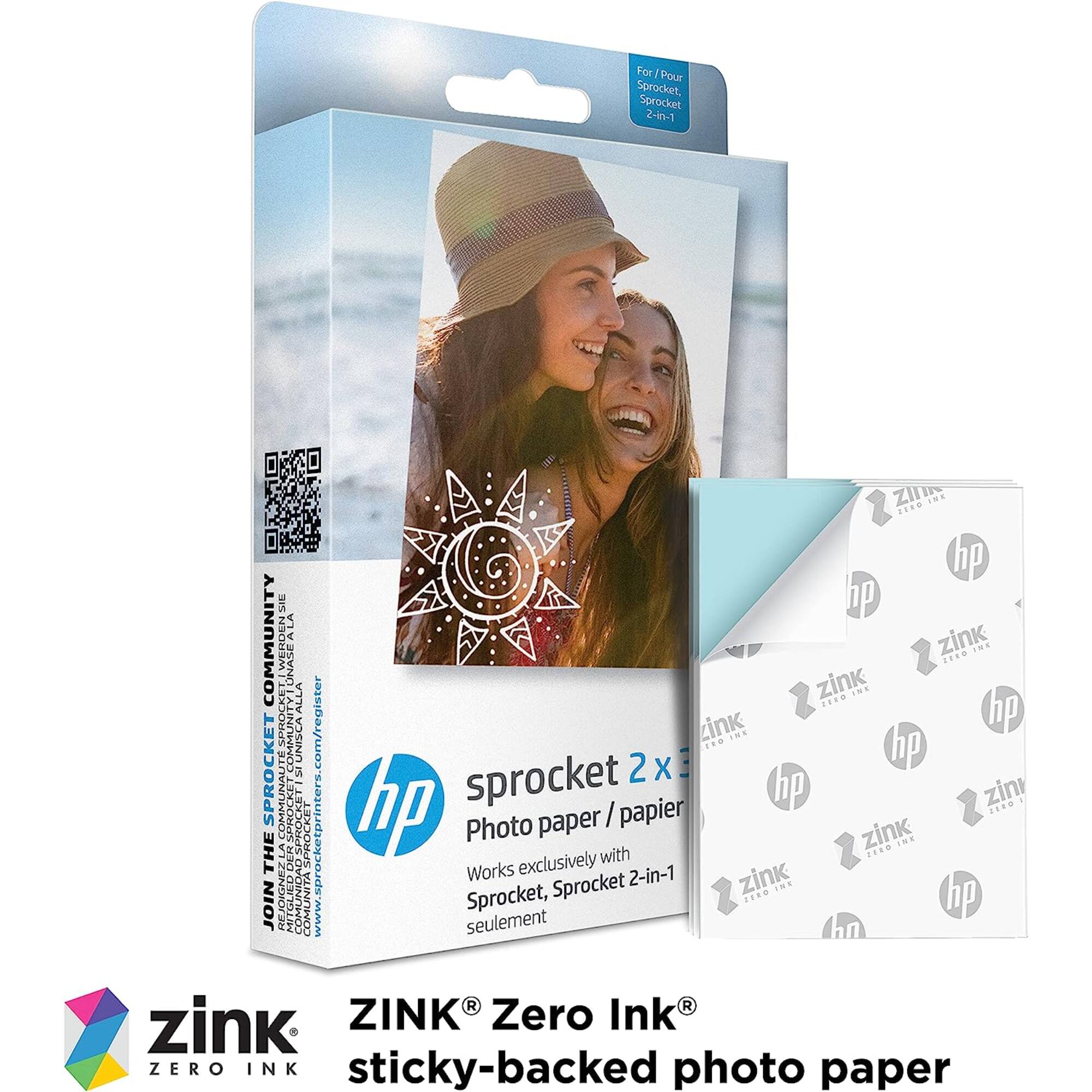 For / Pour Sprocket. Sprocket 2-in-1. Works exclusively with Sprocket, Sprocket 2-in-1 seulement. Photo paper / papier. ZINK® Zero Ink® sticky-backed photo paper.