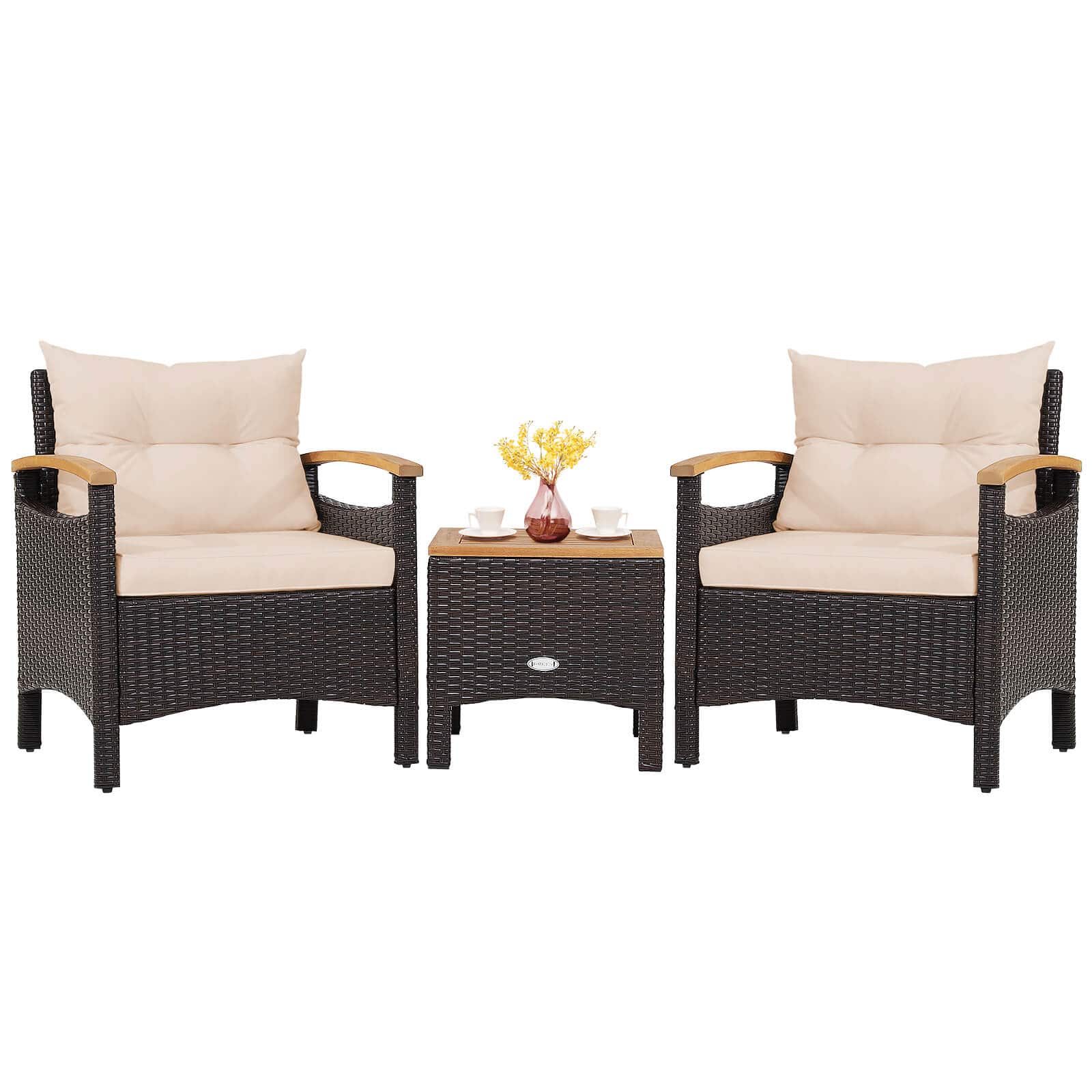 Gymax - Set of 3 Rattan Furniture Set Wooden Armrest Table Top Cushioned Deck Patio - Mix Brown, Yellowish price history on PriceWatchPro