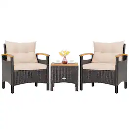 Gymax - Set of 3 Rattan Furniture Set Wooden Armrest Table Top Cushioned Deck Patio - Mix Brown, Yellowish