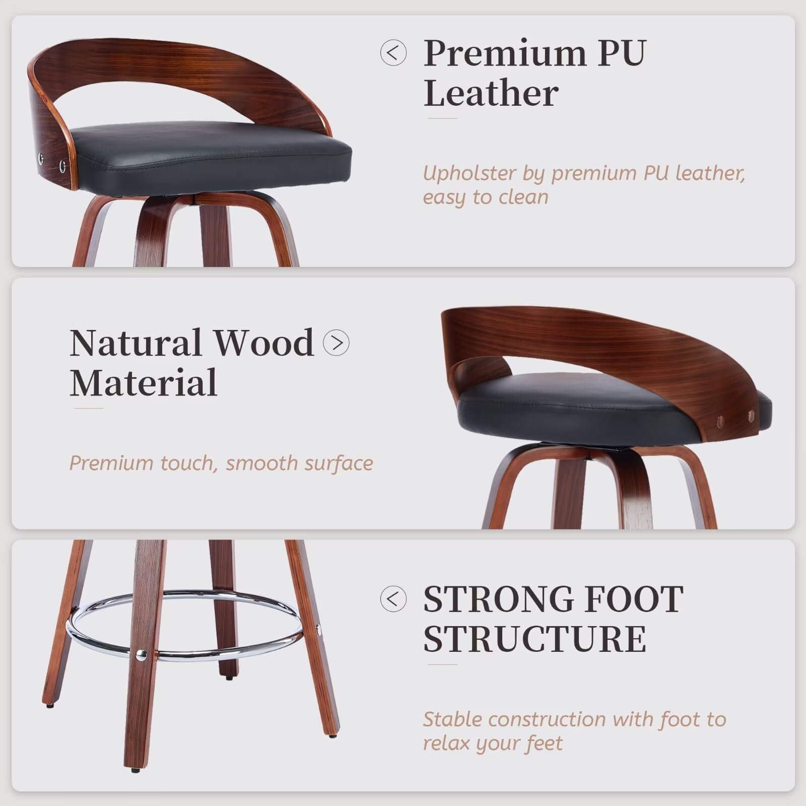 - Premium PU Leather  
  Upholster by premium PU leather, easy to clean

- Natural Wood Material  
  Premium touch, smooth surface

- STRONG FOOT STRUCTURE  
  Stable construction with foot to relax your feet