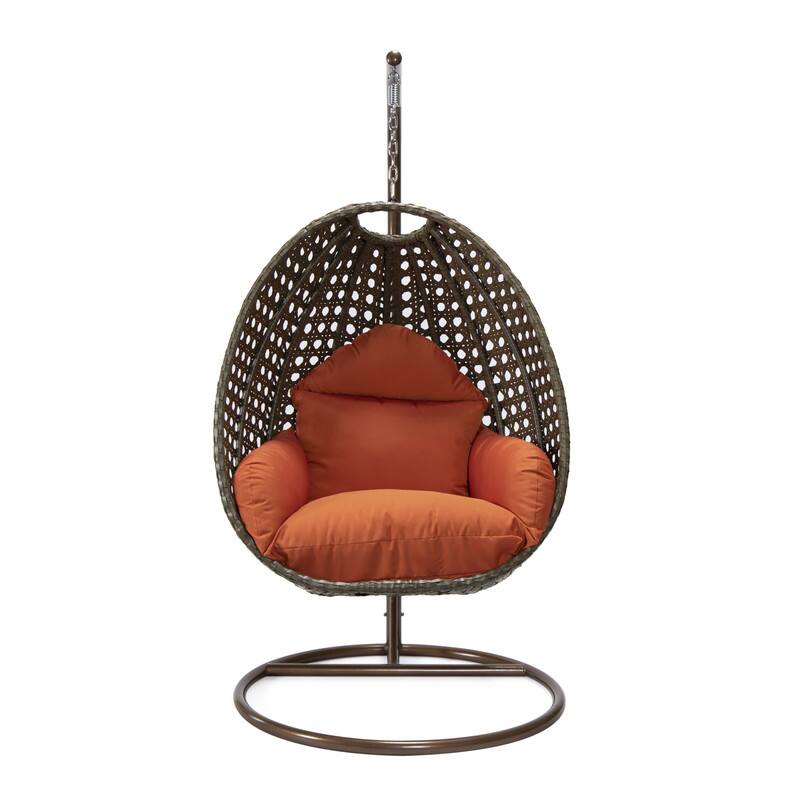 Back. LeisureMod - LeisureMod Beige Wicker Hanging Egg Chair with Iron Stand & Cushion - All-Weather Single Outdoor Patio Swing - Orange.