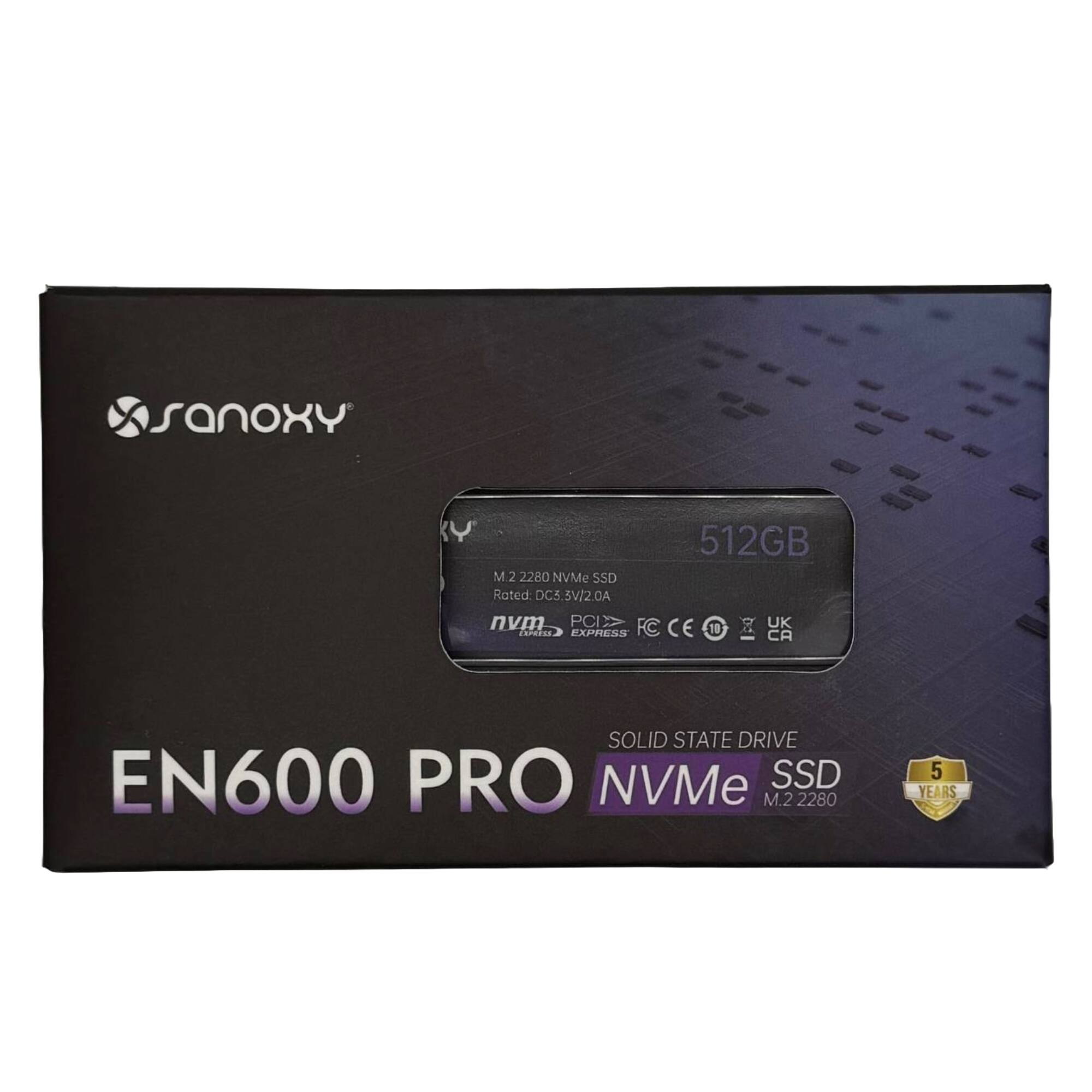 Sanxy EN600 PRO NVMe SSD  
512GB  
M.2 2280  
Rated: DC5.5V/2.0A  
PCIe 3.3V/2.0A  
PCIe Express  
CE  
UK  
CA  
5 Years Warranty