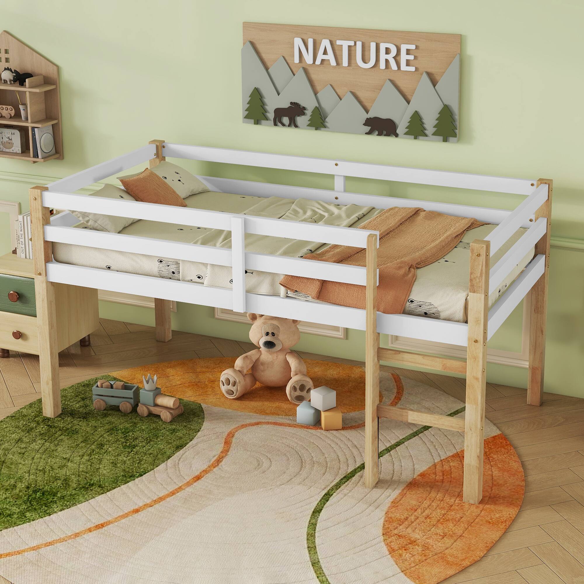 Alt View 8. GOODSILO - Solid Wood Twin Loft Bed with Ladder and Strengthened Slats for Enhanced Stability and Space Optimization - Natural+White.