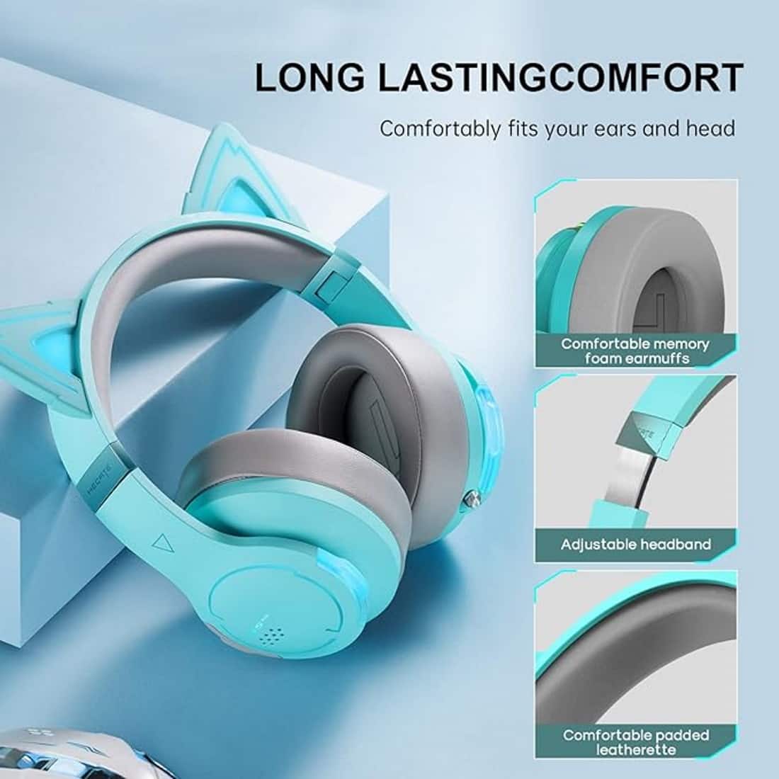 LONG LASTING COMFORT: Comfortably fits your ears and head with comfortable memory foam earmuffs. The adjustable headband ensures a secure fit, while the comfortable padded leatherette adds to the overall comfort of the headphones.