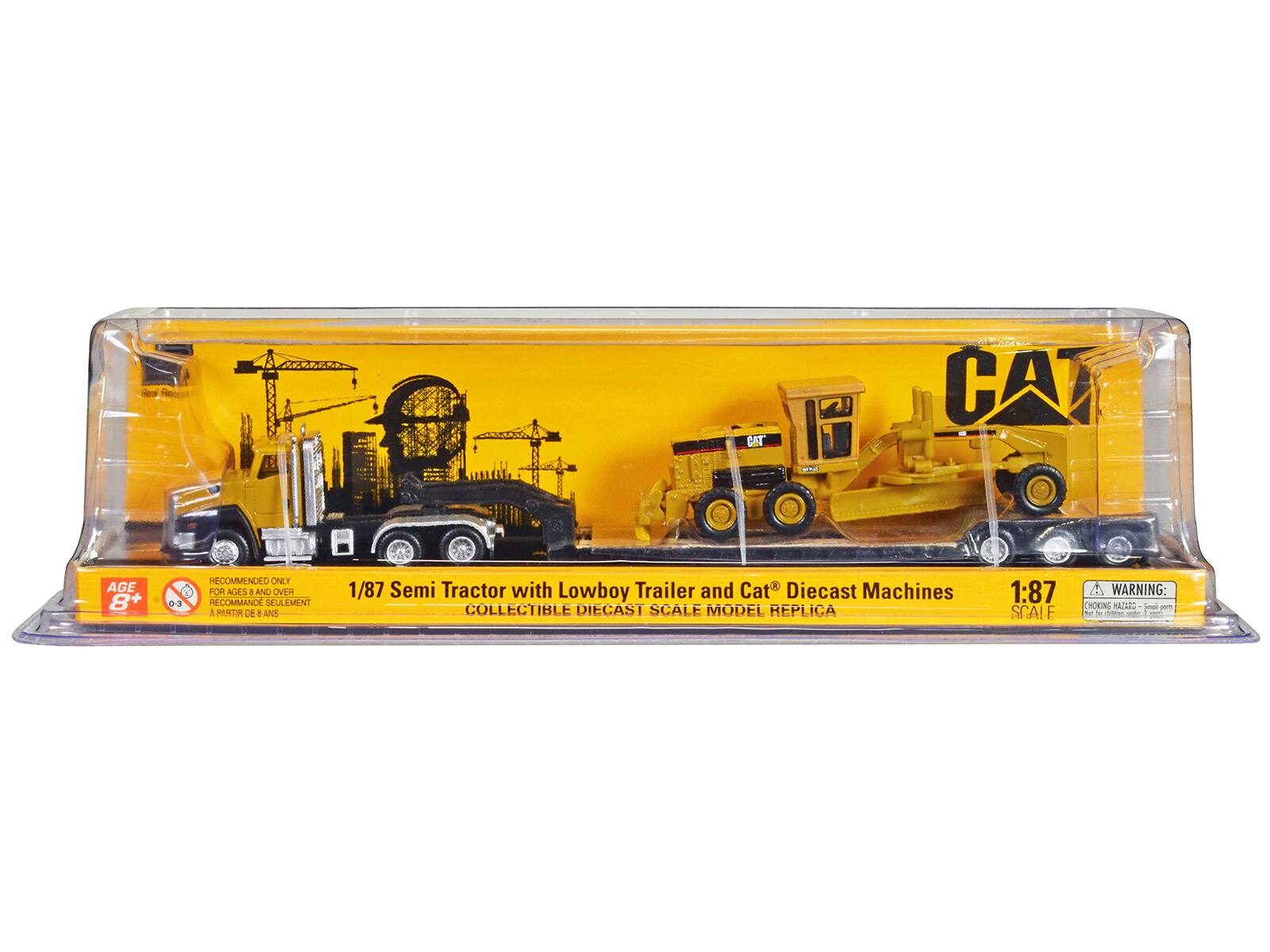 CAT  
CAT AGE 8+  
0-3 S-COMMENDED ONLY FOR AGES 1 AND OVER  
RECOMMENDED SEULEMENT 1 PARTIR 1 ANS  
1/87 Semi Tractor with Lowboy Trailer and Cat Diecast Machines  
COLLECTIBLE DIECAST SCALE MODEL REPLICA  
1:87  
SCALE  
WARNING: CHOKING HAZARD - Small parts. Not for children under 3 years.