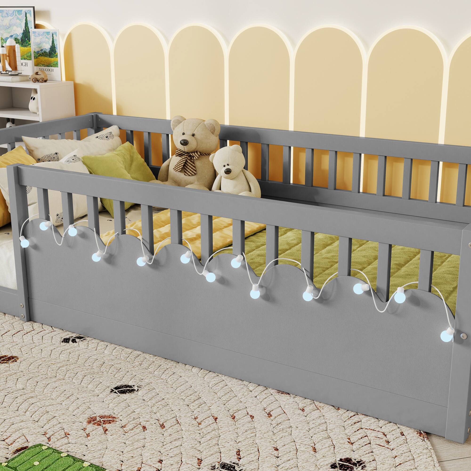 Back. GOODSILO - Twin Montessori Low Profile Floor Bed Frame with Safety Rails, LED Lighting and Storage Shelf for Children's Bedroom - Grey.