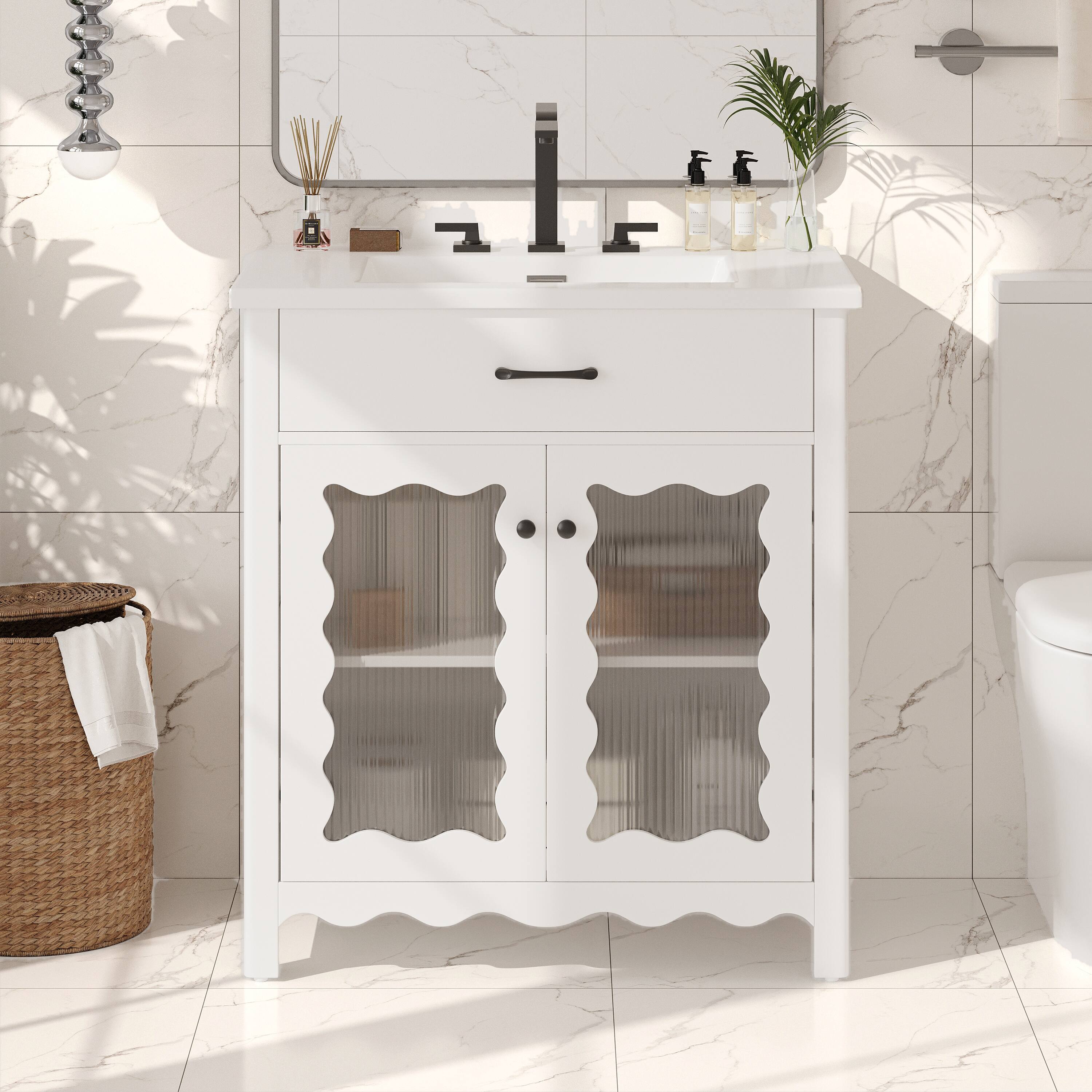 Left. Loheer - 2.58 ft Bathroom Vanity with Sink, Tempered Glass Doors, Soft Close Cabinet, Ceramic Sink - White.