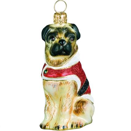 Front. Joy to the World Collectibles - Joy to the World Pug Santa Paws Polish Glass Christmas Ornament - Yellow.