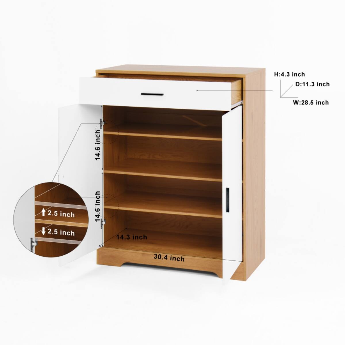 H: 4.3 inch  
D: 11.3 inch  
W: 28.5 inch  

14.6 inch  
2.5 inch  
2.5 inch  
14.3 inch  
30.4 inch