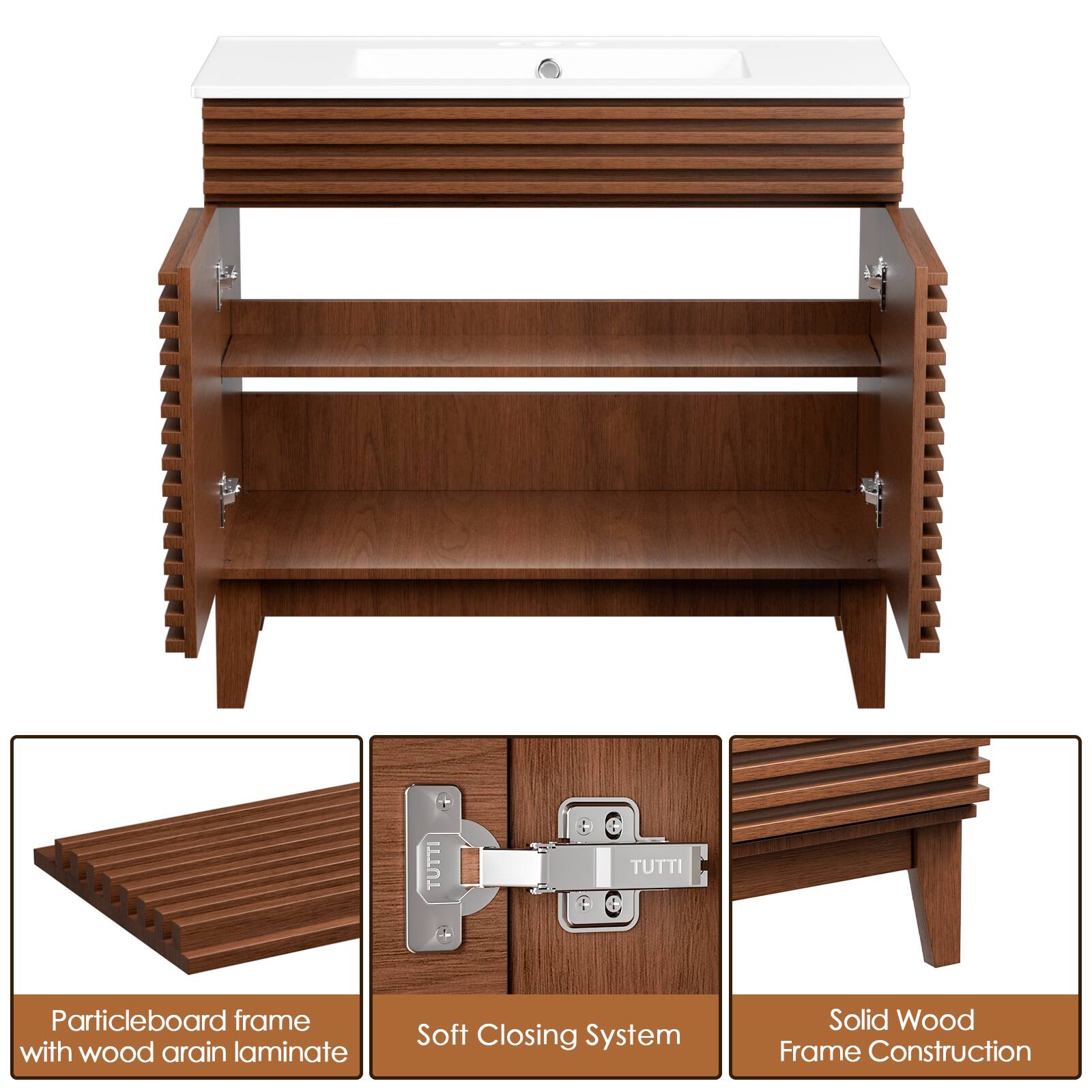 Particleboard frame with wood arain laminate, Soft Closing System, Solid Wood Frame Construction