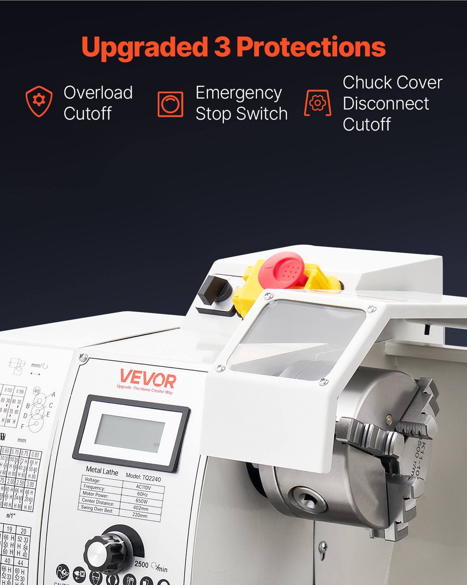 Upgraded 3 Protections: Overload Cutoff, Emergency Stop Switch, Chuck Cover Disconnect Cutoff

VEVOR The Home Creator Way Metal Lathe Model: TO2240
Voltage: AC110V
Frequency: 60Hz
Motor Power: 650W
Center Distance: 402mm
Swing Over Bed: 220mm
2500 /min