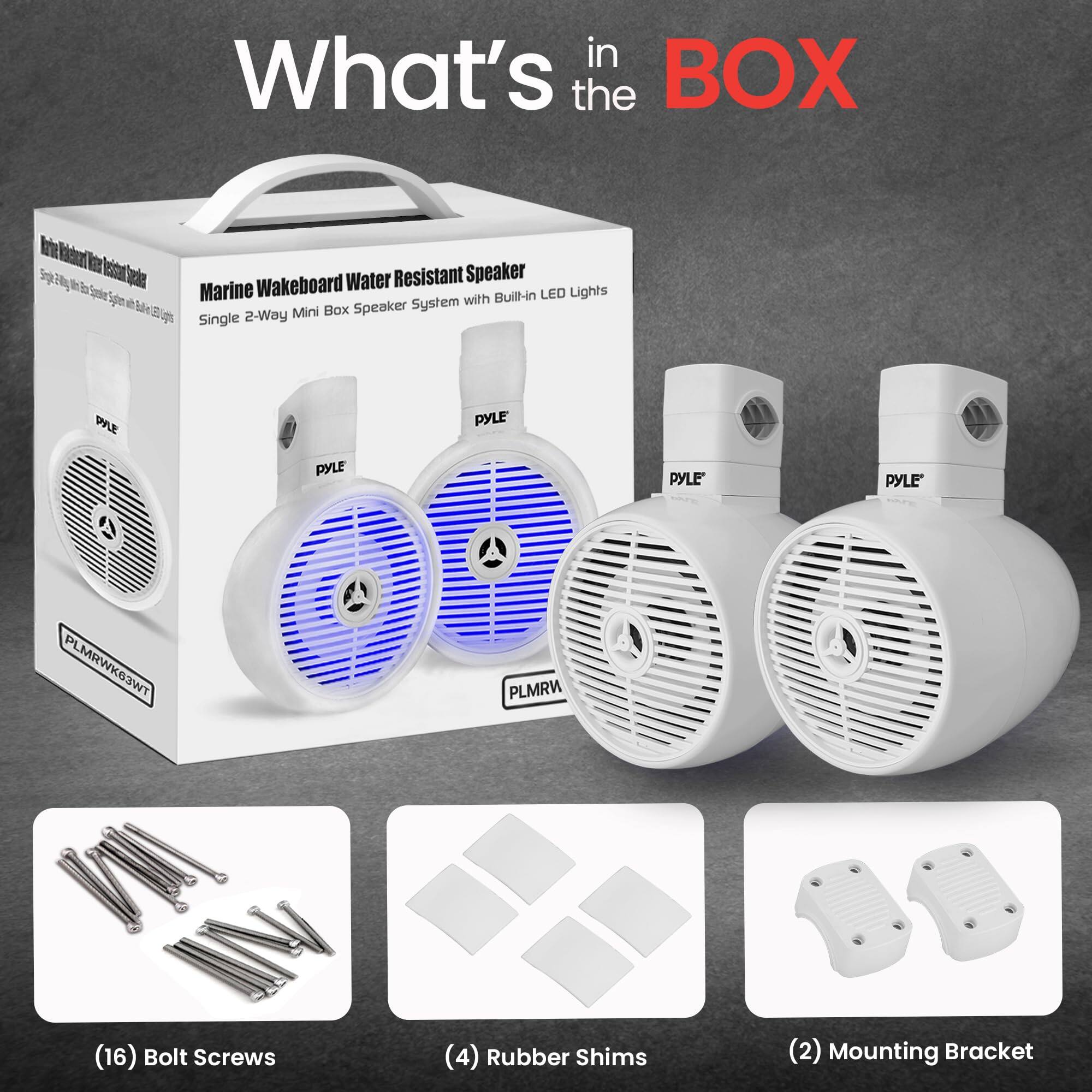 Marine Wakeboard Water Resistant Speaker, Built-in LED Lights, Single 2-Way Mini Box Speaker System, PYLE, PLMRWK63WT, (16) Bolt Screws, (4) Rubber Shims, (2) Mounting Bracket