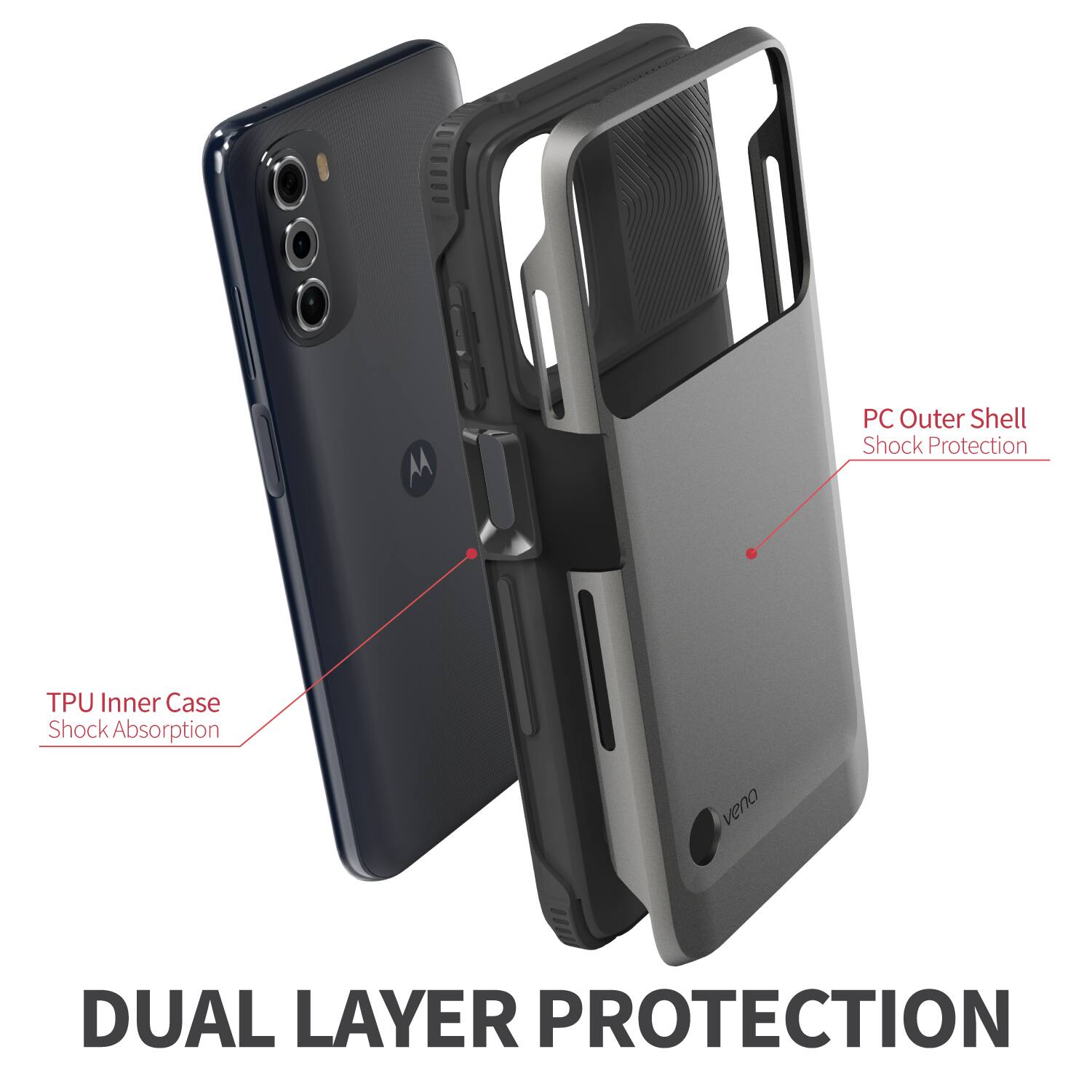 DUAL LAYER PROTECTION

M PC Outer Shell Shock Protection
TPU Inner Case Shock Absorption
veno