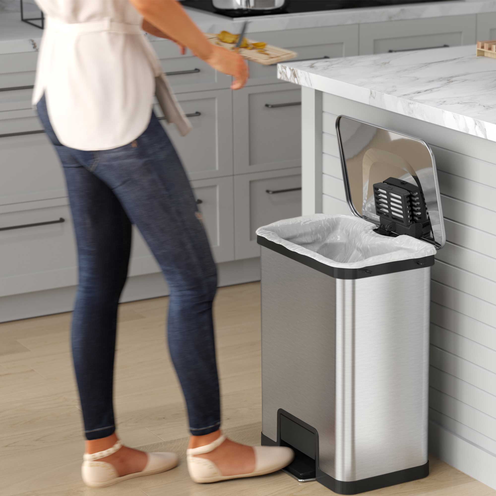 Angle. iTouchless - 13 Gallon AirStep Stainless Steel Step Pedal Kitchen Trash Can with AbsorbX Odor Filter - Silver.