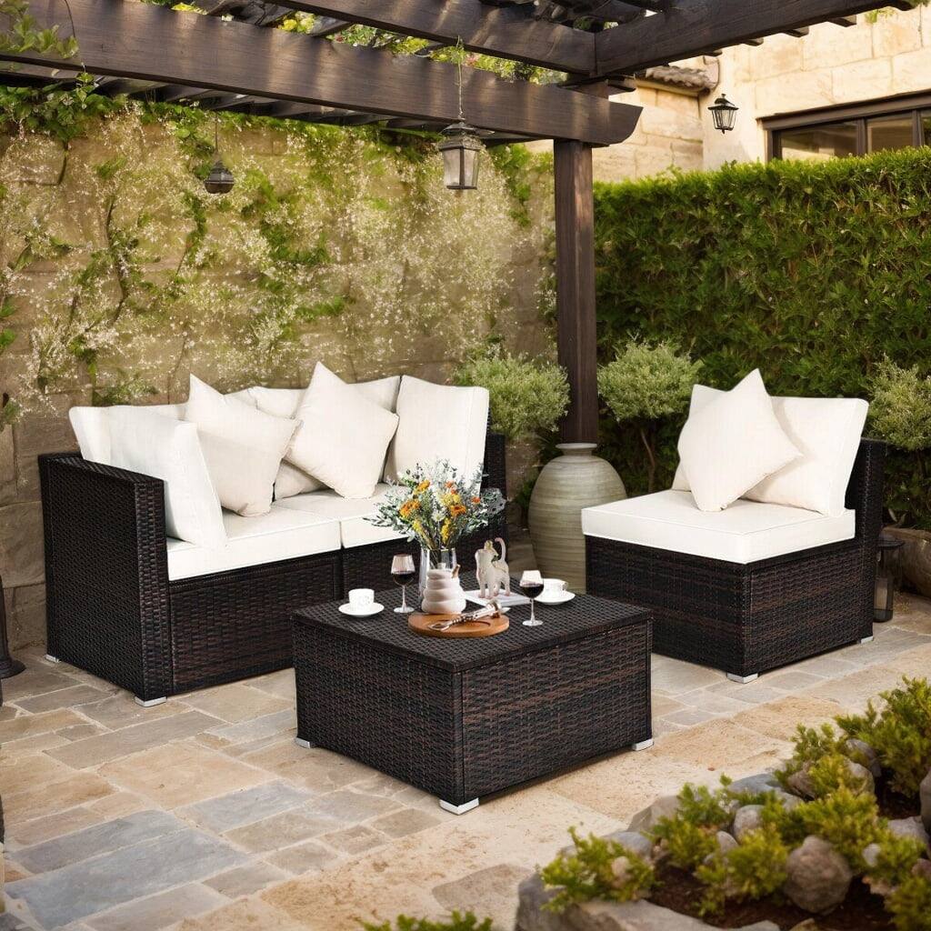 Front. Kadyn - 4 Pcs Ottoman Garden Deck Patio Rattan Wicker Furniture Set Cushioned Sofa-White, Patio Seating Conversation Set - White.