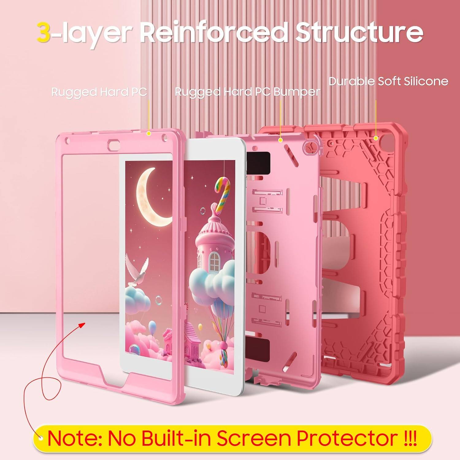 3-layer Reinforced Structure

Rugged Hard PC

Durable Soft Silicone

Rugged Hard PC Bumper

Note: No Built-in Screen Protector!!!