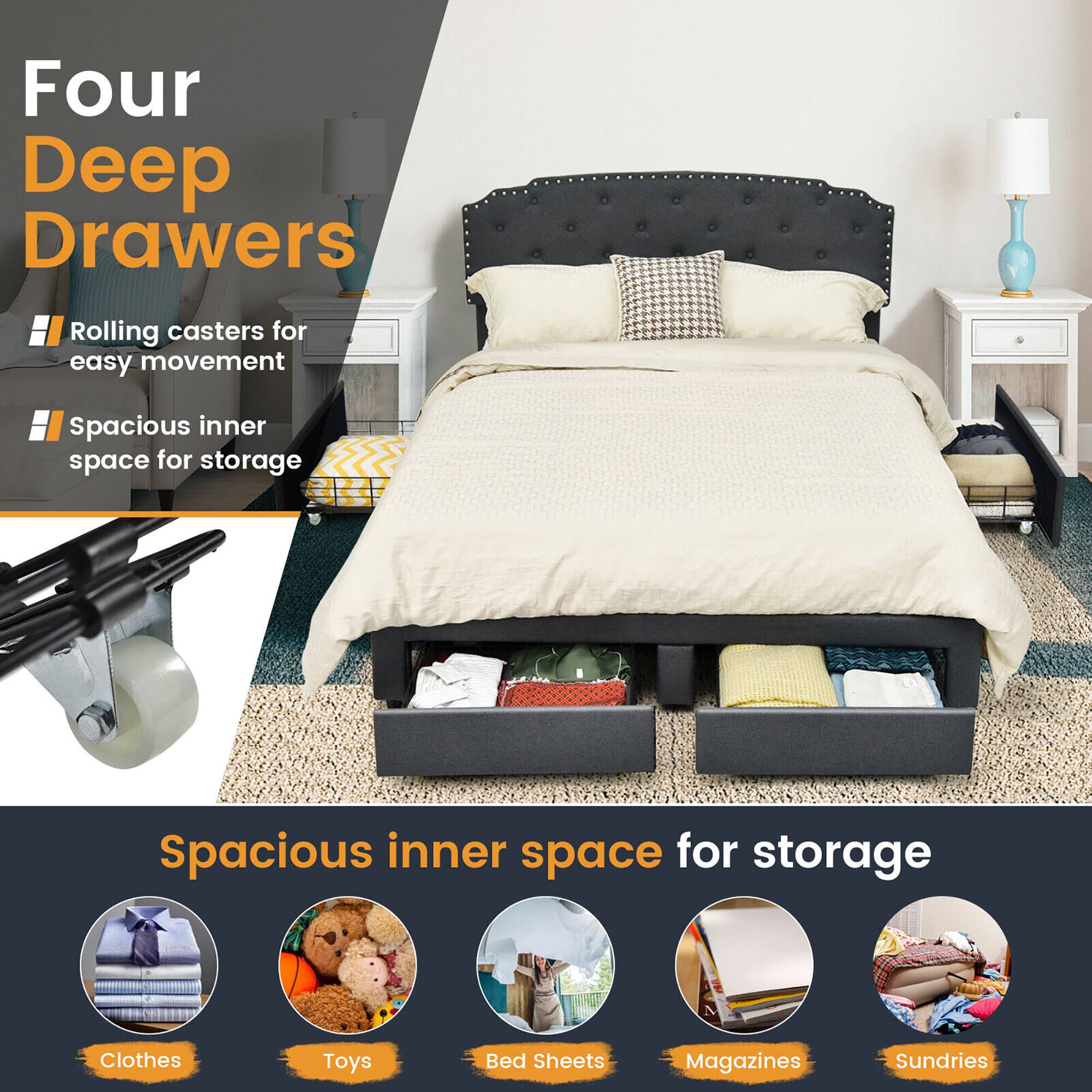 Four Deep Drawers, Rolling casters for easy movement, Spacious inner space for storage, Clothes, Toys, Bed Sheets, Magazines, Sundries