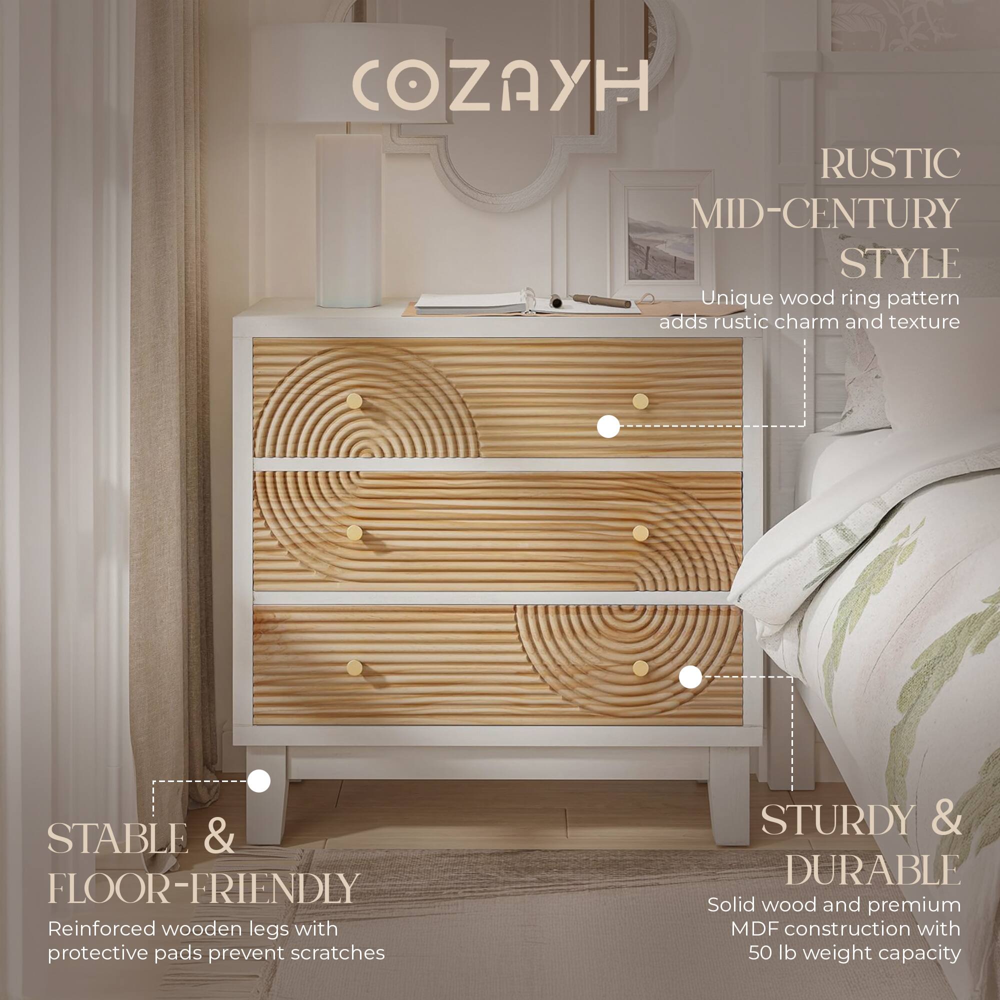 COZAYH

RUSTIC MID-CENTURY STYLE  
Unique wood ring pattern adds rustic charm and texture

STABLE & FLOOR-FRIENDLY  
Reinforced wooden legs with protective pads prevent scratches

STURDY & DURABLE  
Solid wood and premium MDF construction with 50 lb weight capacity