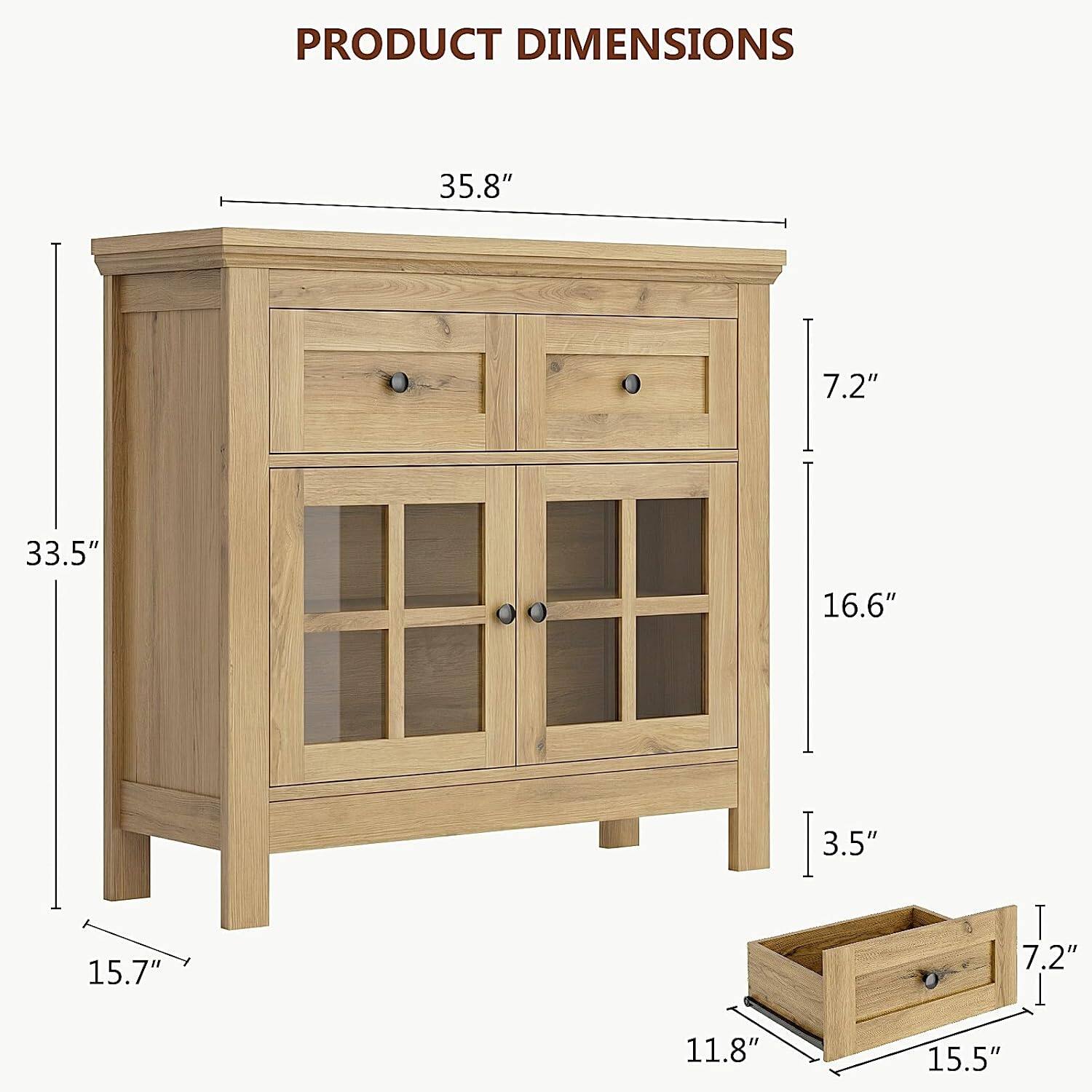 PRODUCT DIMENSIONS

- Width: 35.8"
- Depth: 16.6"
- Height: 33.5"
- Drawer Width: 15.5"
- Drawer Depth: 11.8"
- Drawer Height: 3.5"
- Drawer Pull-out Height: 7.2"