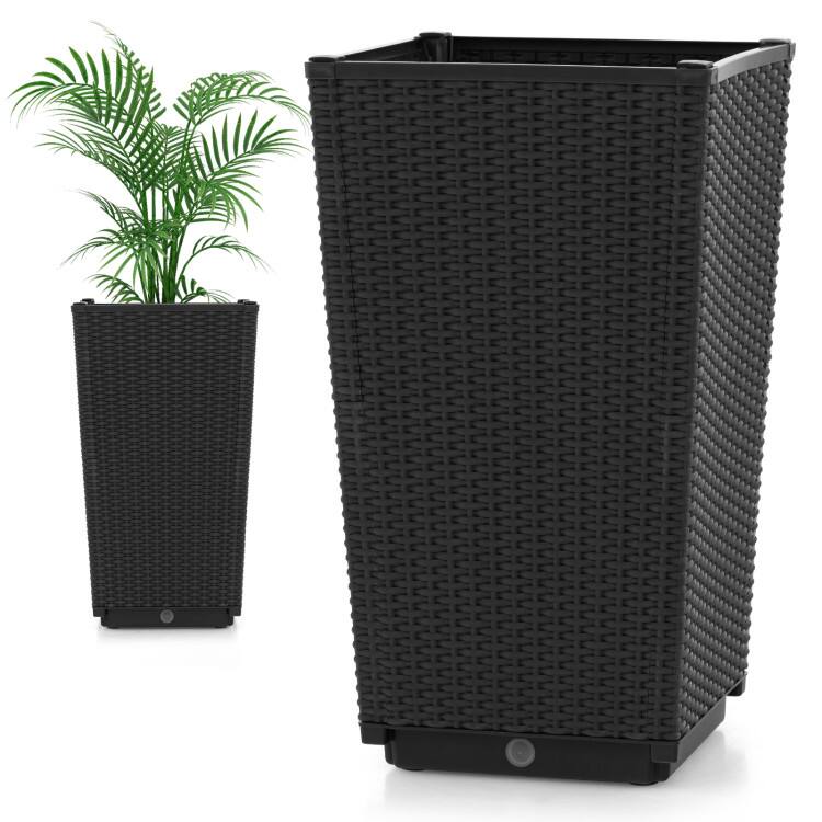 Back. Mondawe - 2 Pack Outdoor Wicker Planters with Self-Watering System and Drainage Holes for Patio - Black.