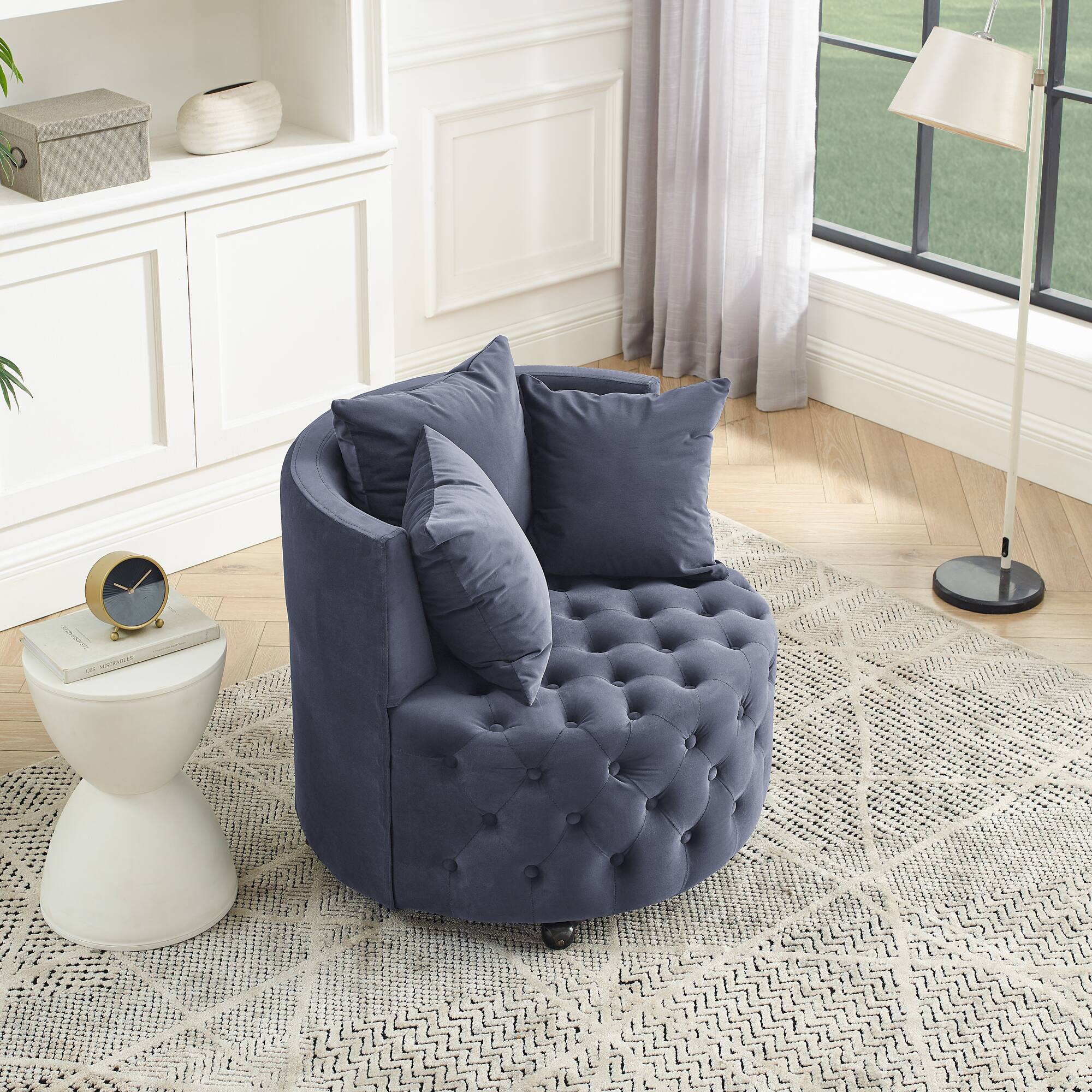 Back. Trinkets Crazed - Velvet Upholstered Swivel Chair for Living Room, with Button Tufted Design and Movable Wheels, Including 3 Pillows - Grey.